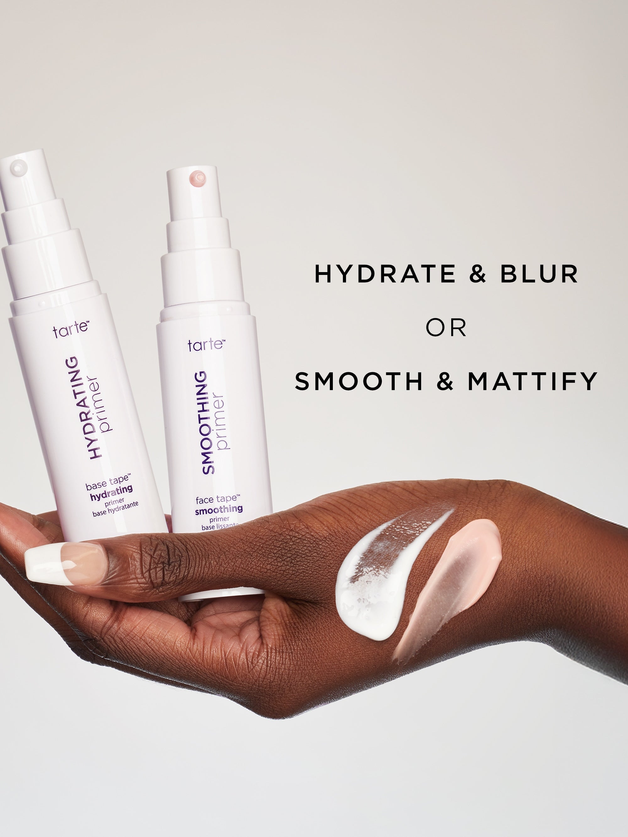 Two skincare products with a hand holding them and a swatch of product on skin, against a neutral background.