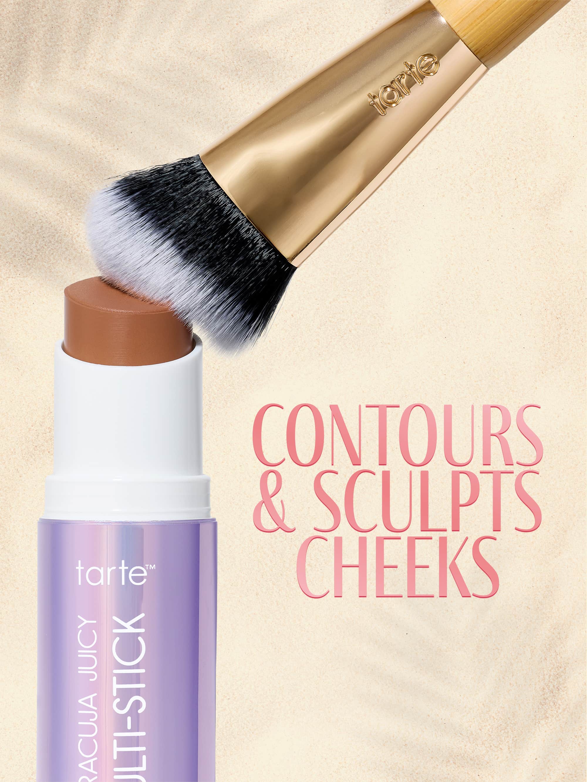 tarte maracuja juicy double ended multi stick with brush on beige background