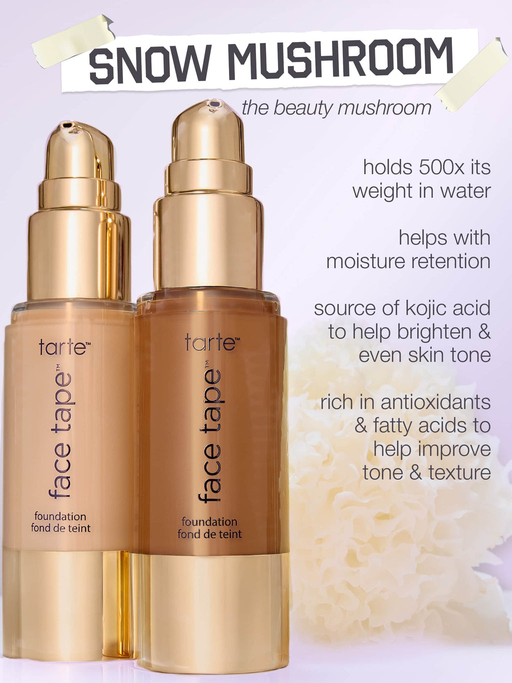 Close-up of a smiling person shown in side-by-side comparisons: left before without makeup, right after with Tarte Cosmetics in shade 53H. Text describes 12-hr wear, waterproof, sweatproof, transfer-proof.