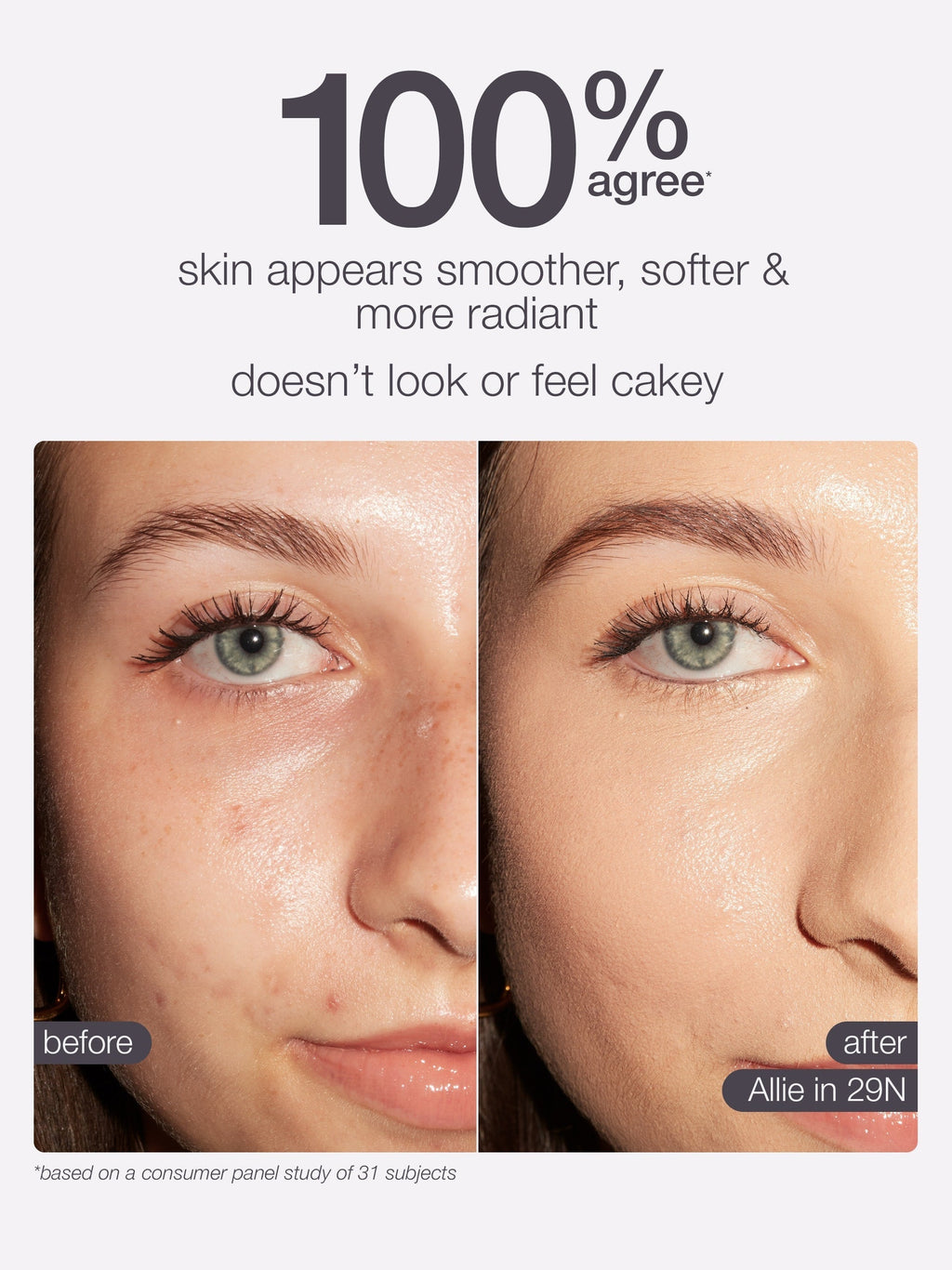 Before and after comparison of skin texture with Allie foundation, showing smoother and more radiant skin.
