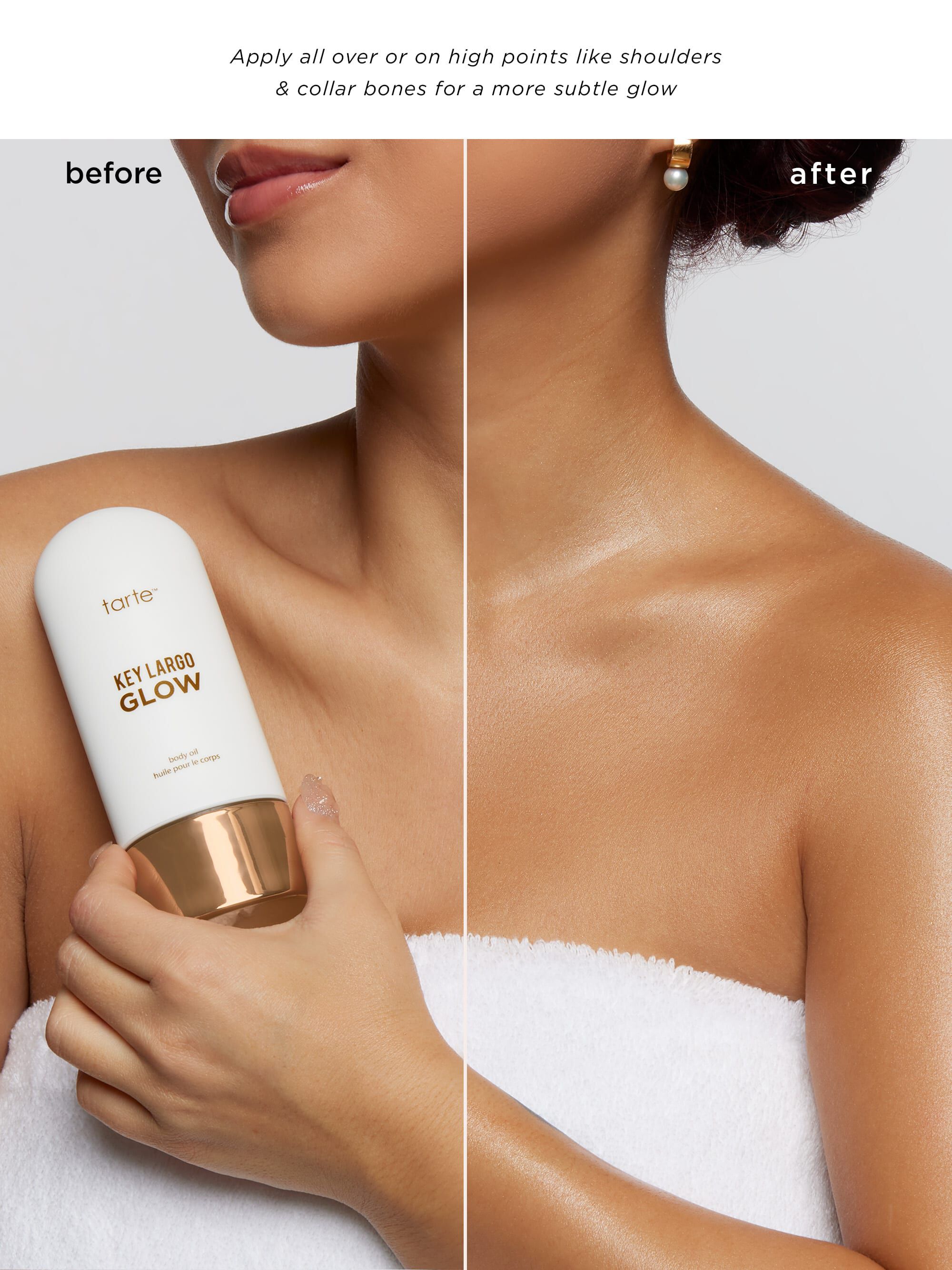 Before and after comparison of a woman using a tan Tanner on her shoulder, with text指导说明.