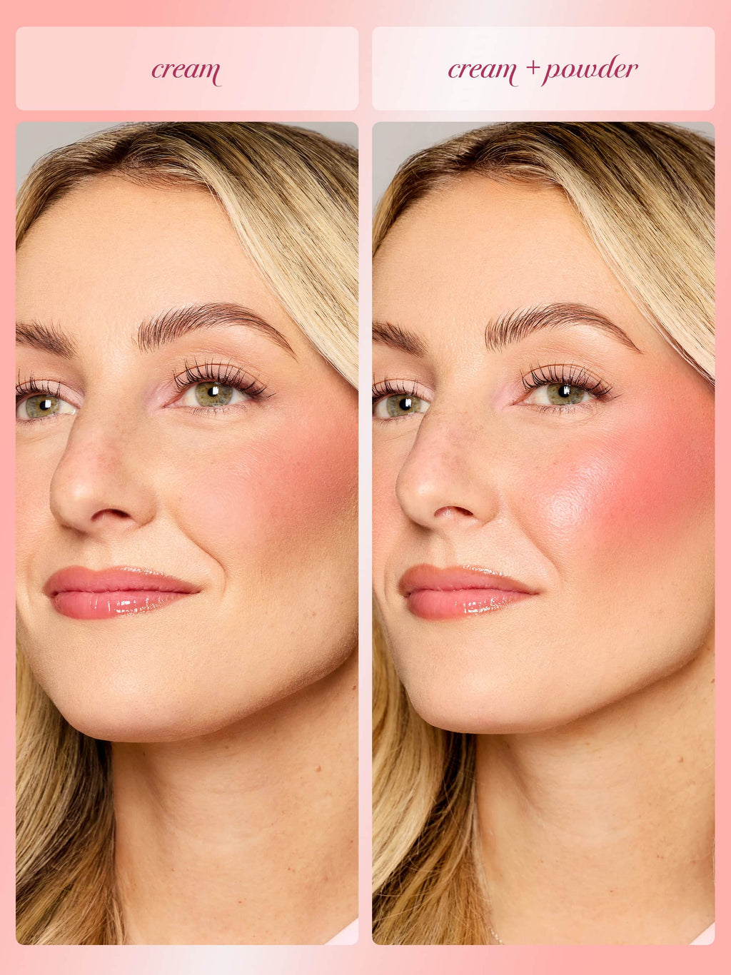 Woman's face, left labeled cream; right labeled cream + powder. Left shows dewy cream blush; right shows stronger, powdered blush on the cheek against a soft pink background.