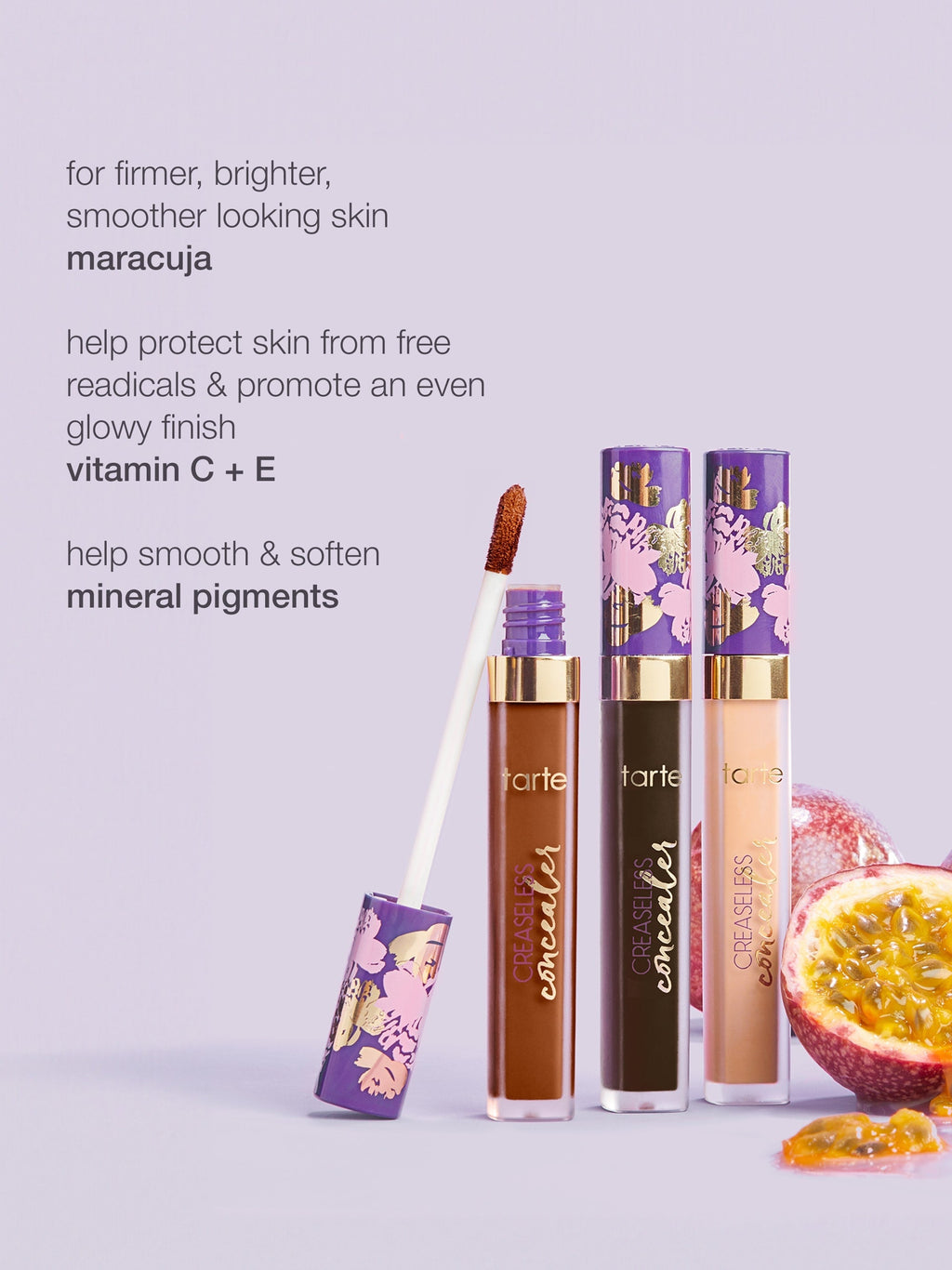 Concealer tubes with decorative purple and gold floral designs stand upright; one has its cap off, displaying an applicator. Text emphasizes skin benefits: maracuja, vitamin C + E, mineral pigments. Nearby, a halved passion fruit.