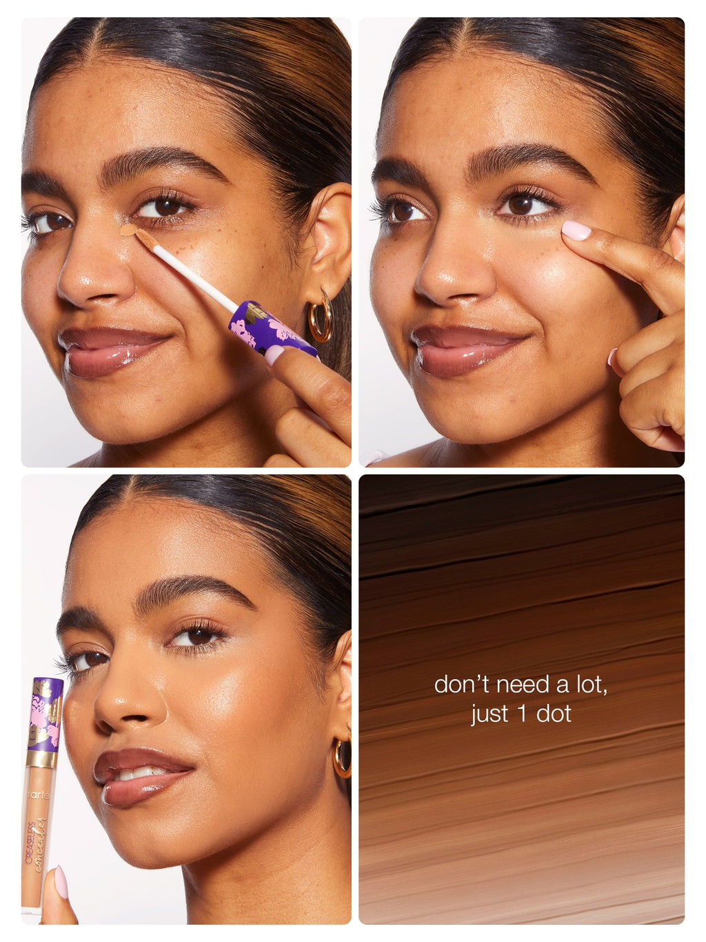 A person applies Tarte Cosmetics concealer under the eye, blends with a finger, and shows the result while holding the product. Text reads, don't need a lot, just 1 dot.