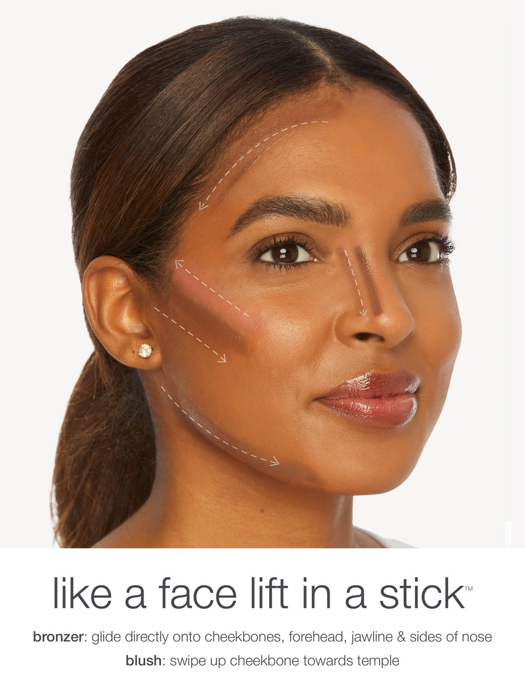 Woman with makeup application lines on her face and text about tarte maneater silk stick bronzer