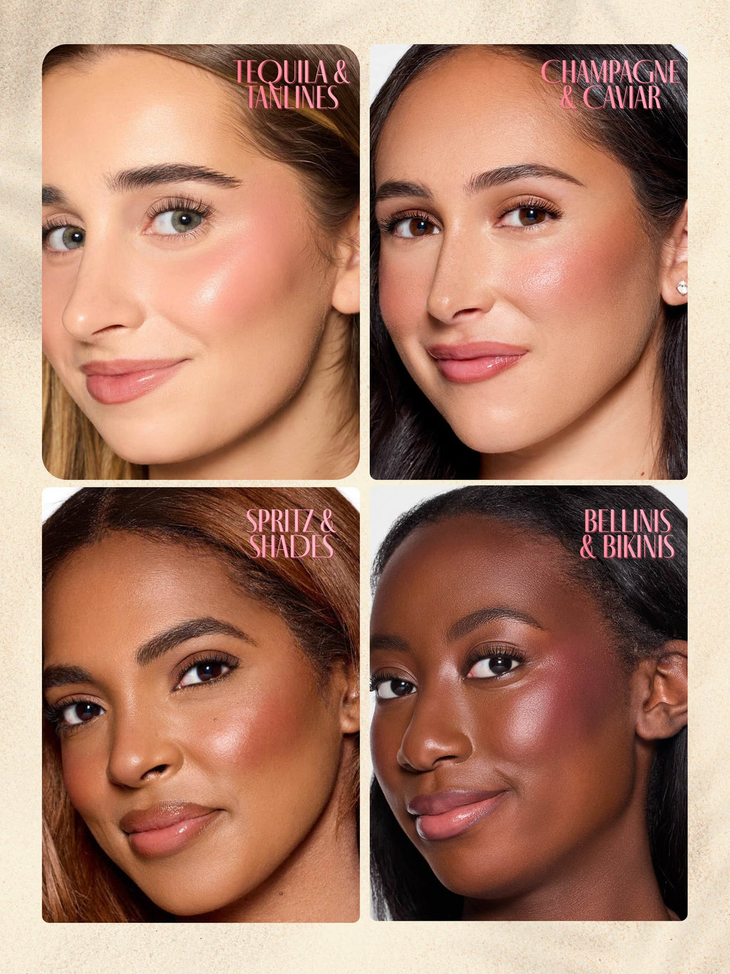 Four women with different skin tones and tarte maracuja juicy double ended multi stick on a beige background 