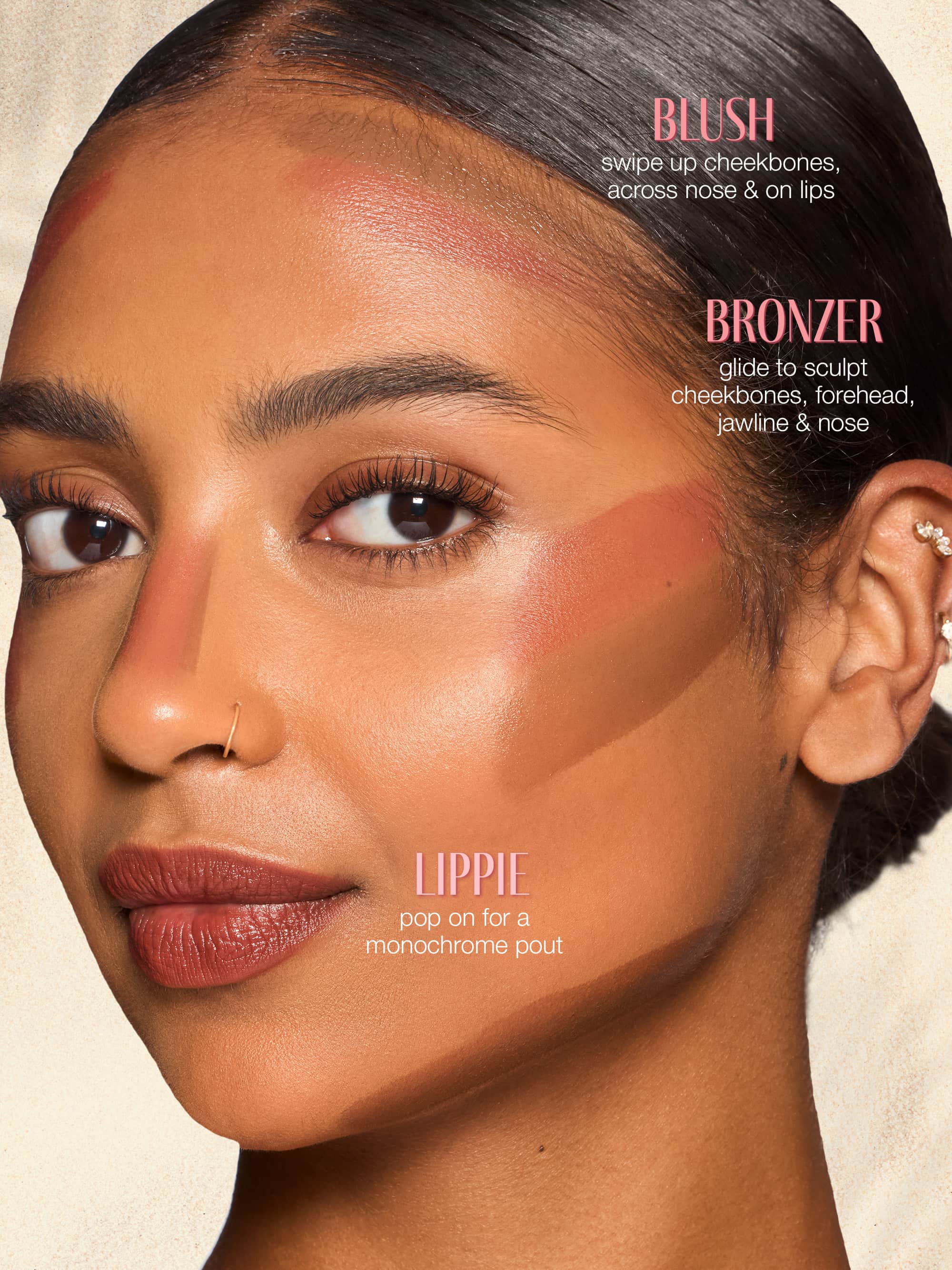 Close-up of a woman's face with tarte maracuja juicy double ended multi stick  application instructions on a beige background