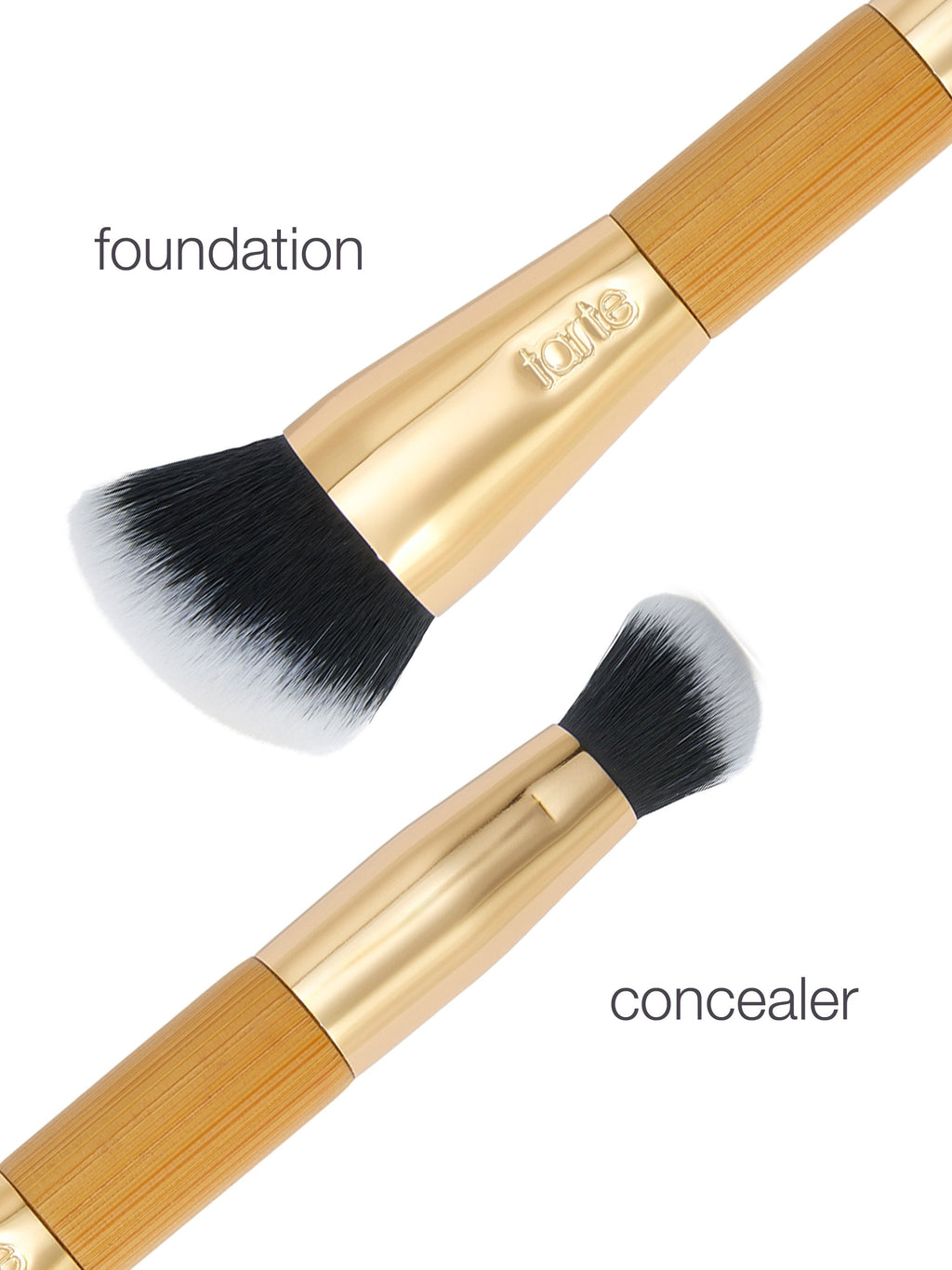 Two makeup brushes with gold handles labeled 'foundation' and 'concealer' on a white background.