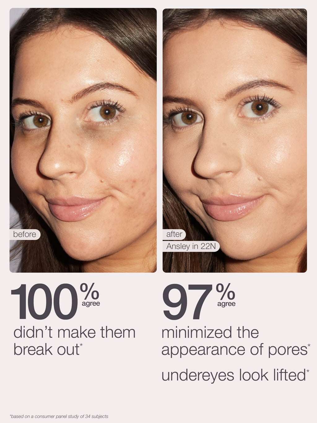 Before and after comparison of a woman's face with text indicating product effectiveness.