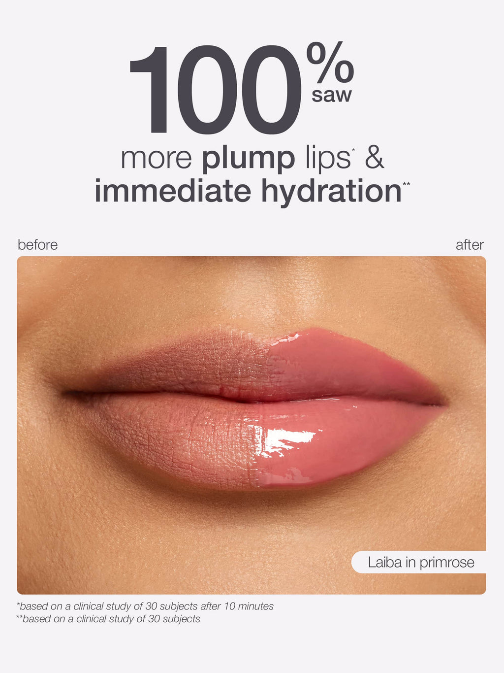 maracuja juicy lip plumping oil  advertisement showing a close-up of lips with '100% saw' text claiming plump lips and immediate hydration.