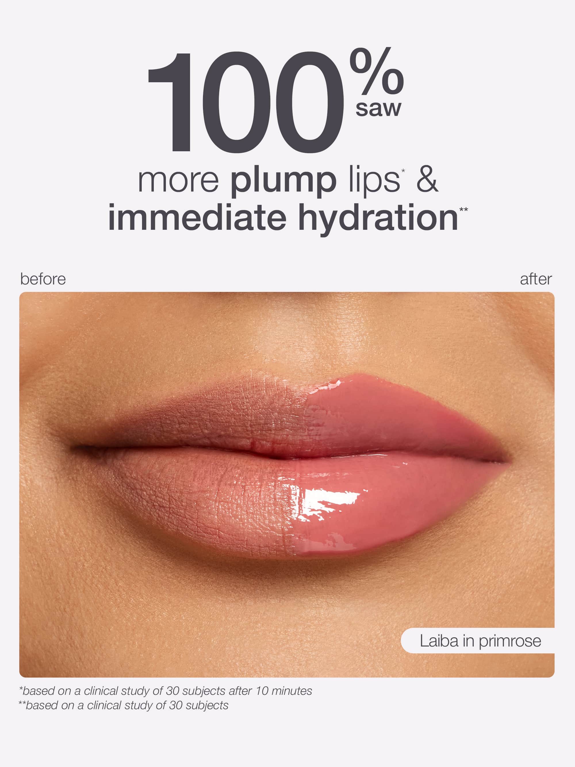 maracuja juicy lip plumping oil  advertisement showing a close-up of lips with '100% saw' text claiming plump lips and immediate hydration.