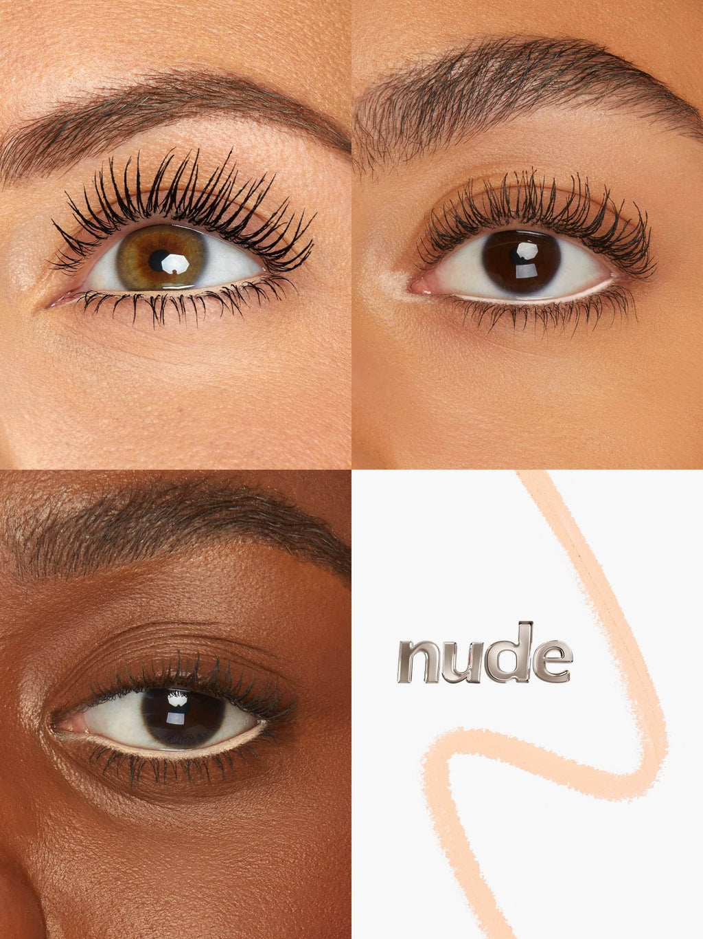 Close-up of eyes with different skin tones and a 'nude' label using tarte fake awake eye highlight