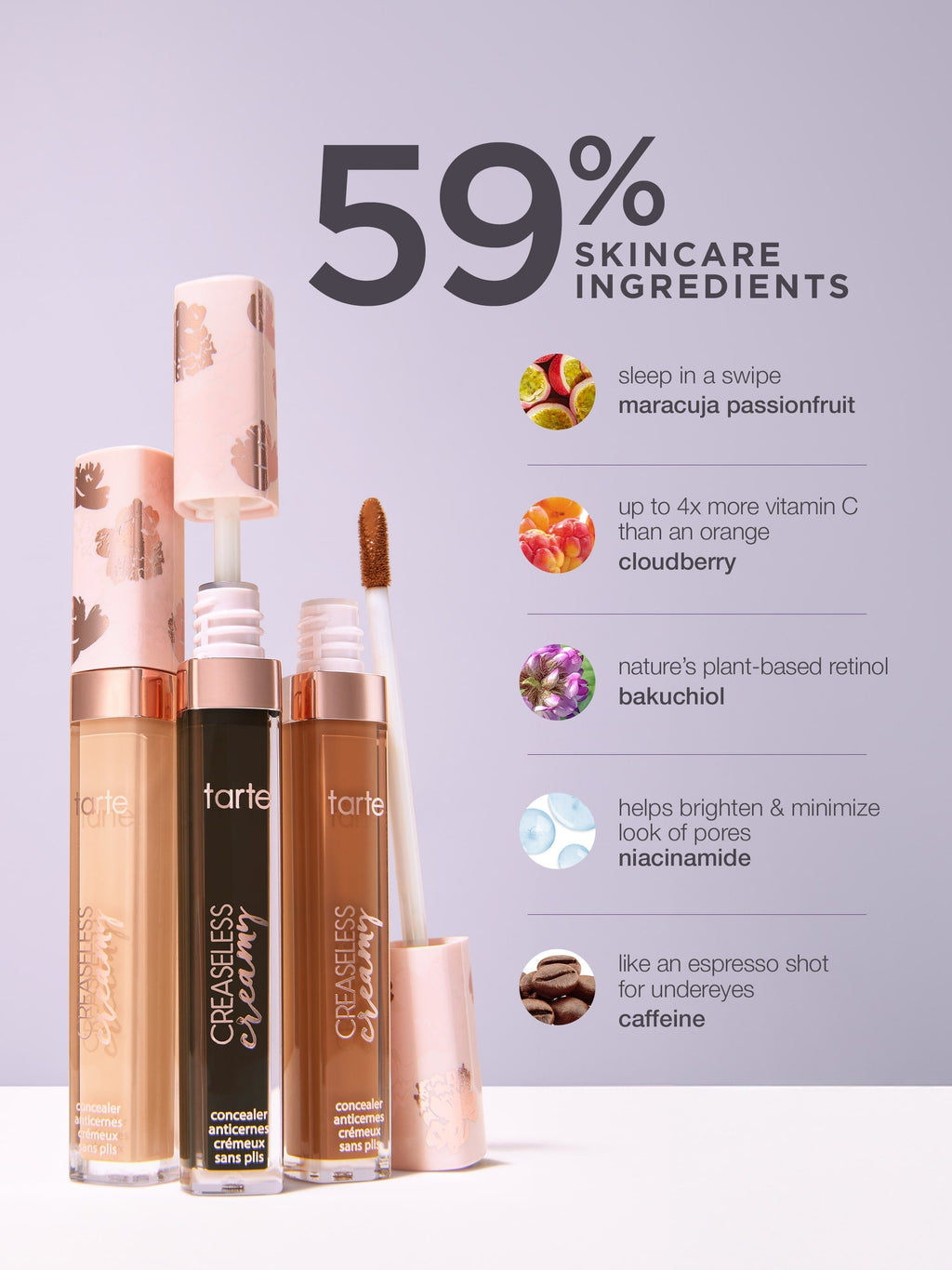 Tarte creaseless creamy concealer products with ingredients listed on a light gray background