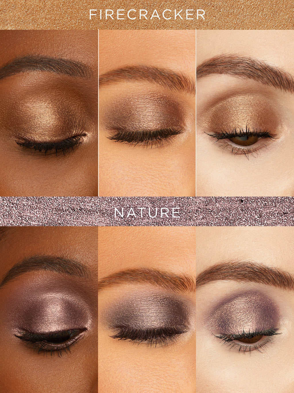 Eye makeup swatches labeled 'Firecracker' and 'Nature' on a brown background.