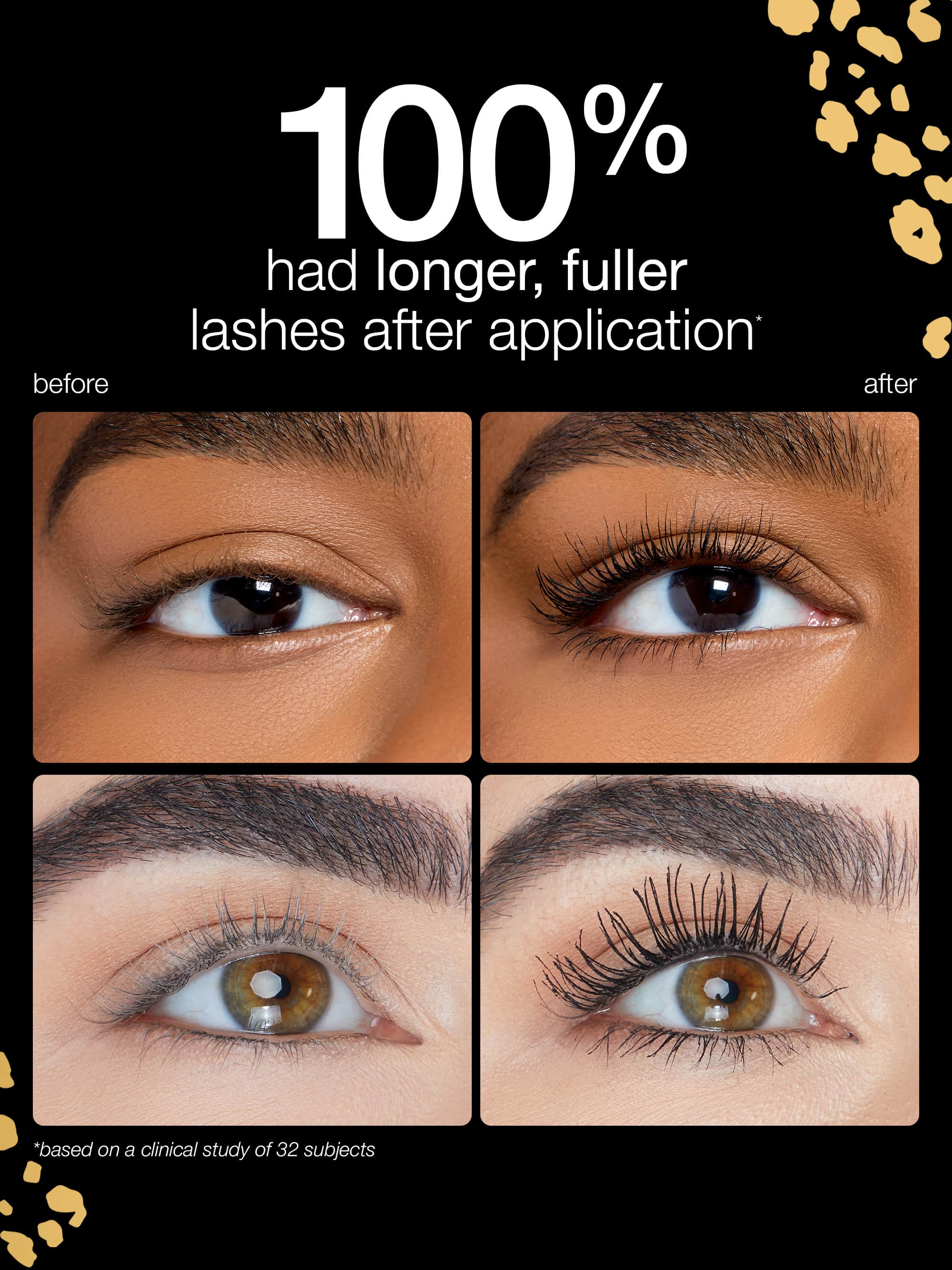 Before and after comparison of eyelashes with tarte maneater mascara text claiming longer, fuller lashes.
