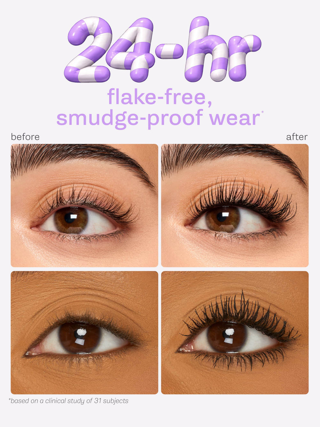 Before and after comparison of tartelette tubing mascara wear with text '24-hour flake-free, smudge-proof wear'.