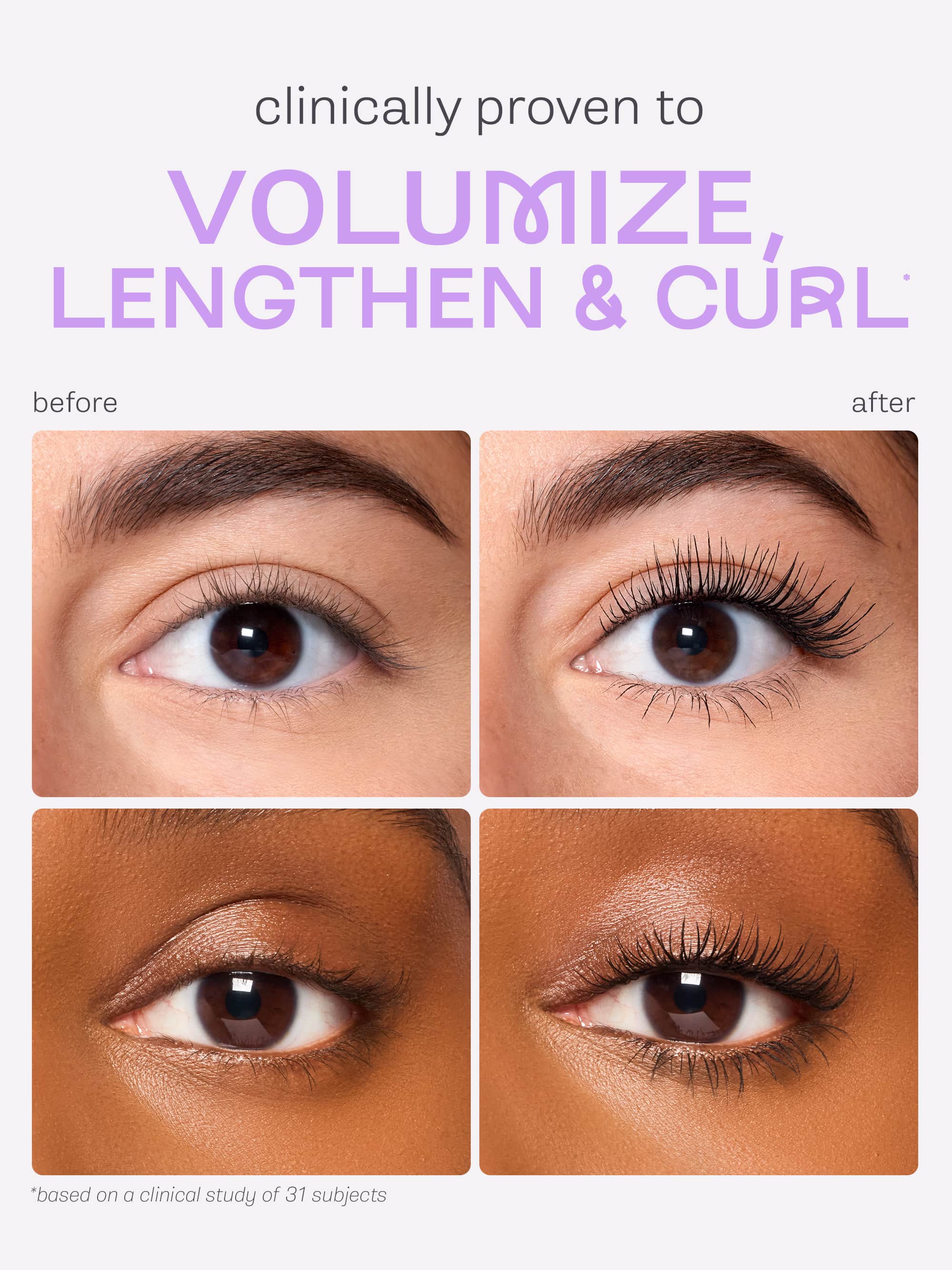 Before and after comparison of eyelashes with text 'Clinically proven to volumize, lengthen & curl' using tartelette tubing mascara
