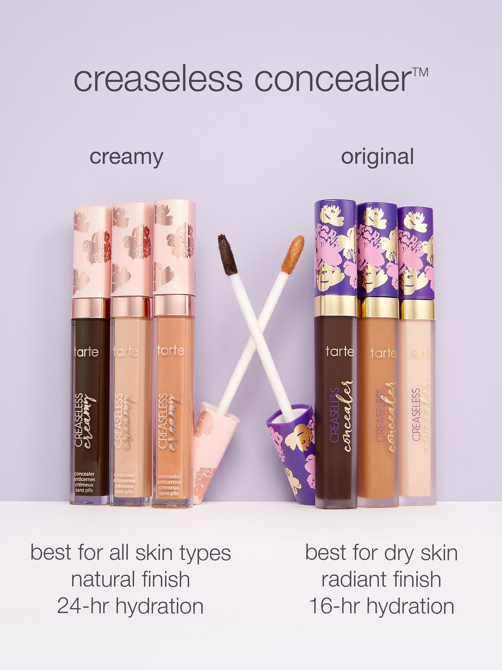 Tarte Cosmetics concealers stand upright, showing two types: creamy and original. Each has different applicators. Text highlights benefits: creamy is 24-hour hydration, original is 16-hour hydration. Environment is a light purple background.