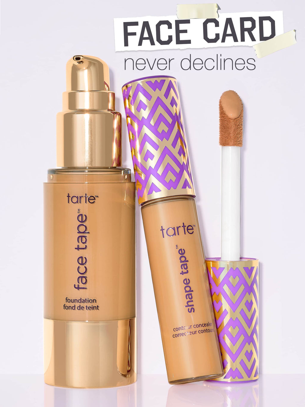 Tarte face tape foundation bottles in full-size and travel-size on a white background