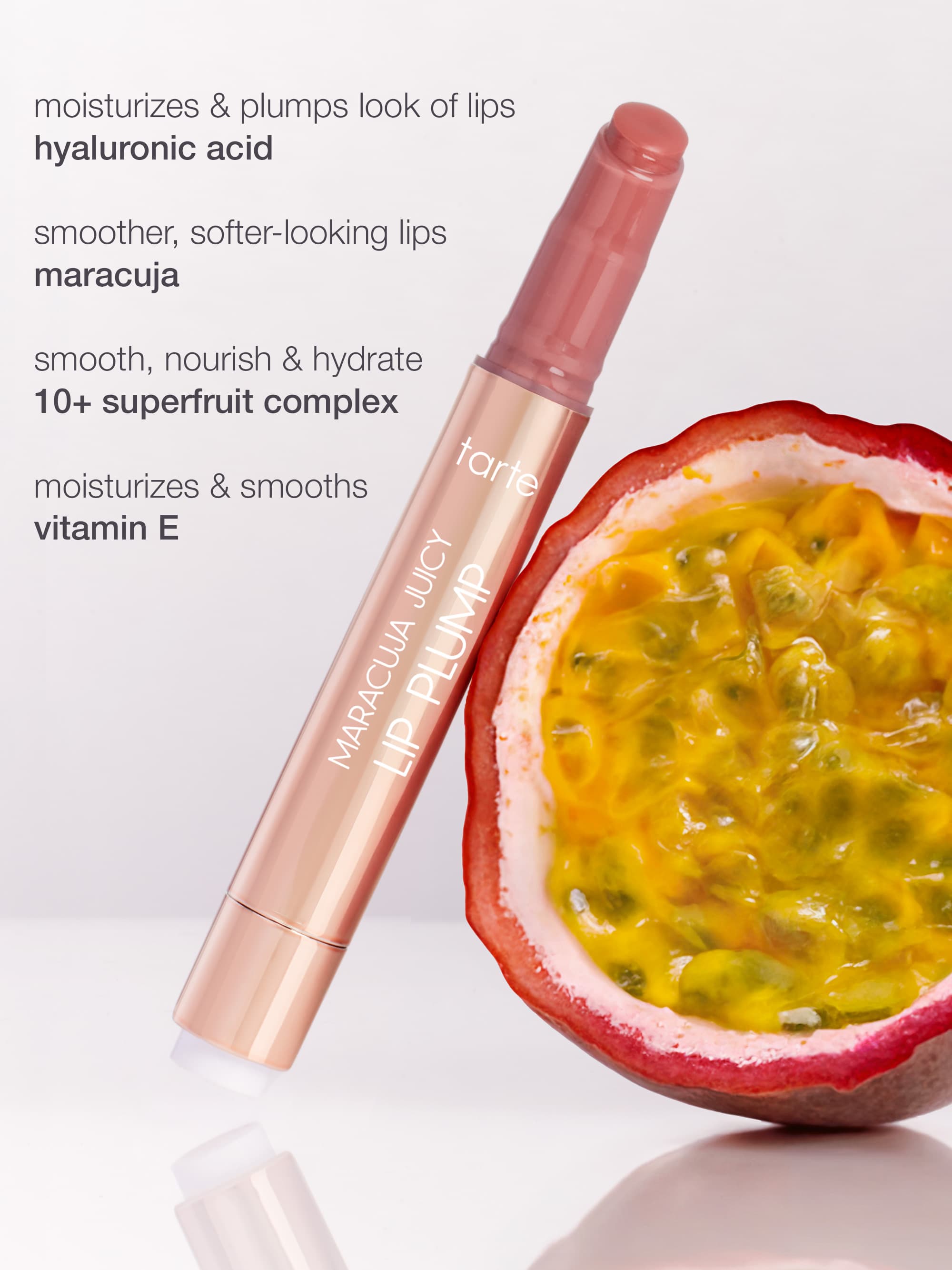 Lip balm with maracuja and vitamin E on a white background