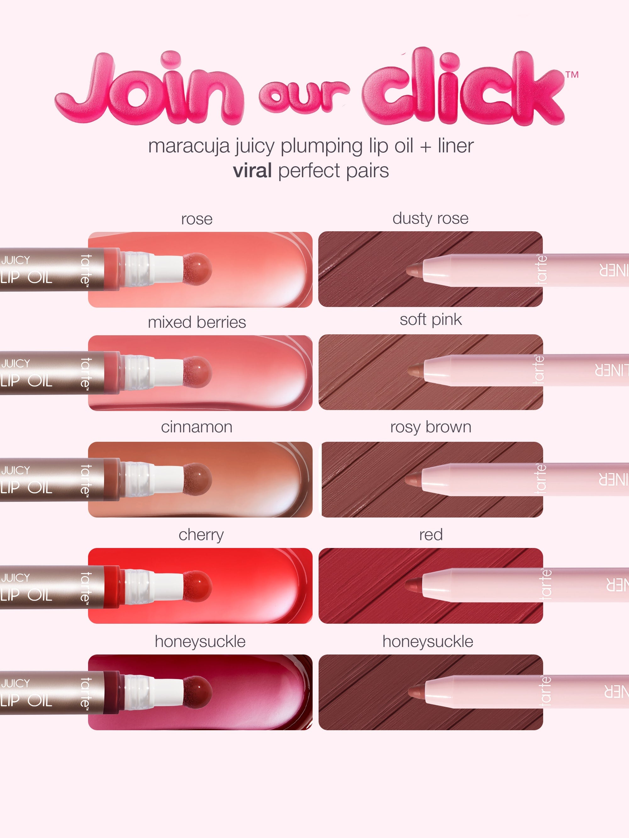 Lip product display with various shades of lip gloss and liner on a white background.
