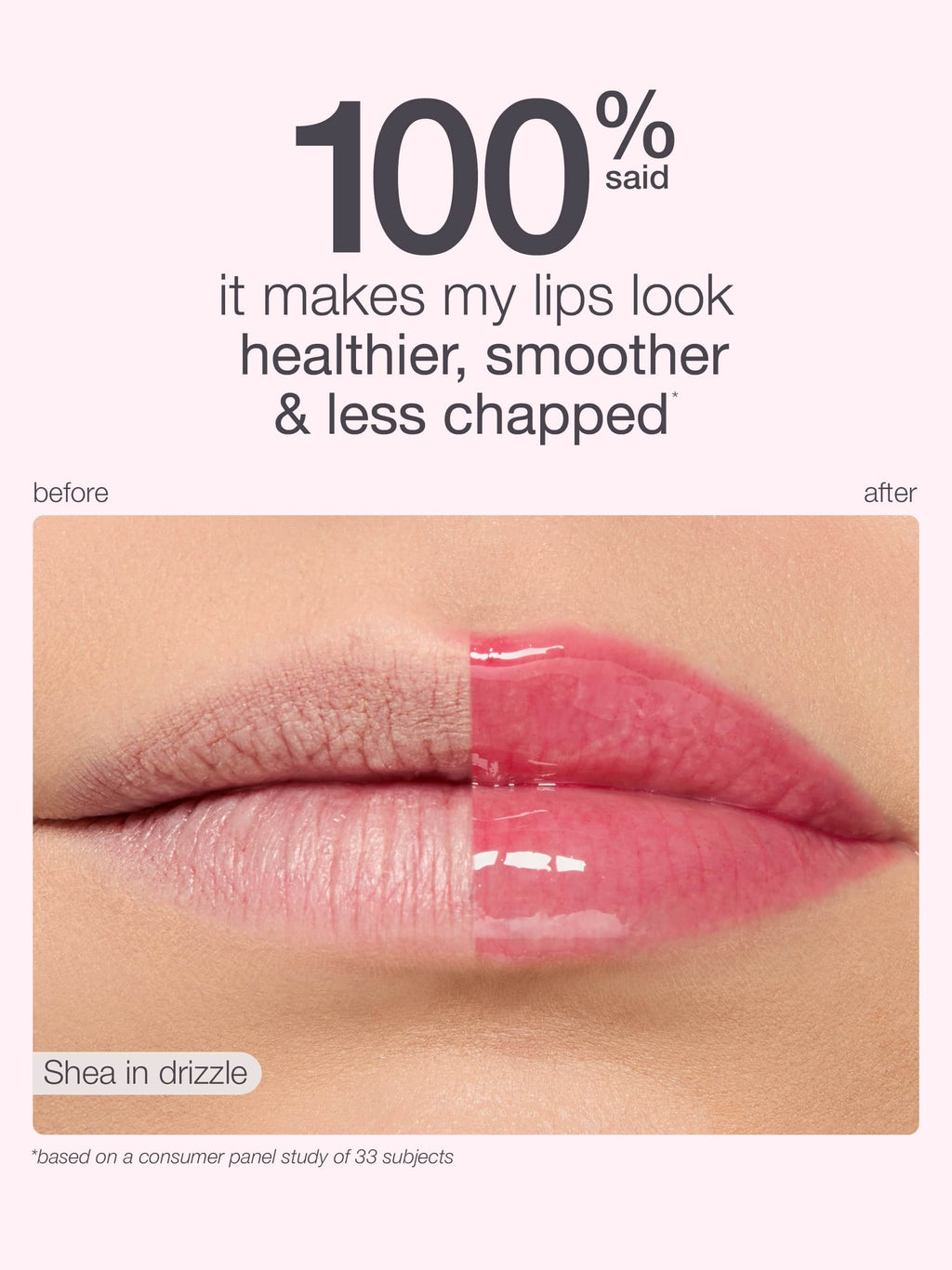 Lips shown before and after application of a lip product with text indicating benefits.