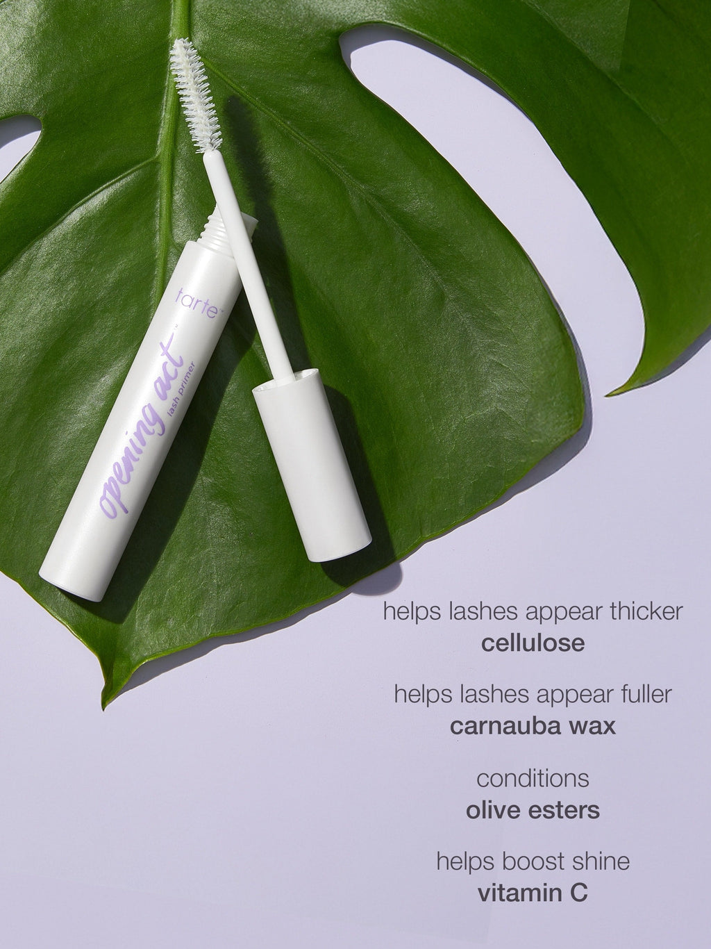 Mascara tube with brush on a green leaf against a light purple background