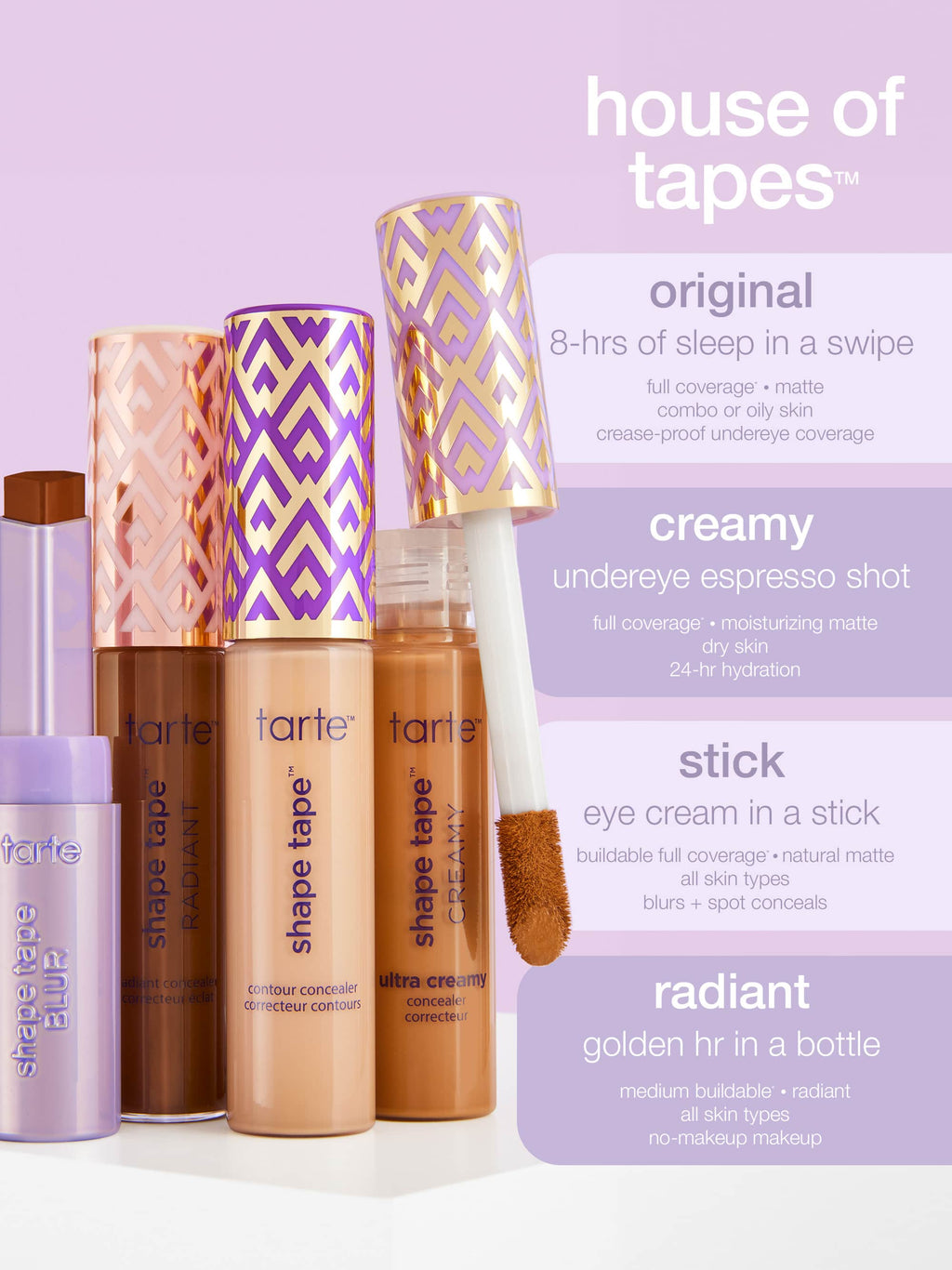 Collection of Tarte cosmetic products including Shape Tape in various forms on a white background.