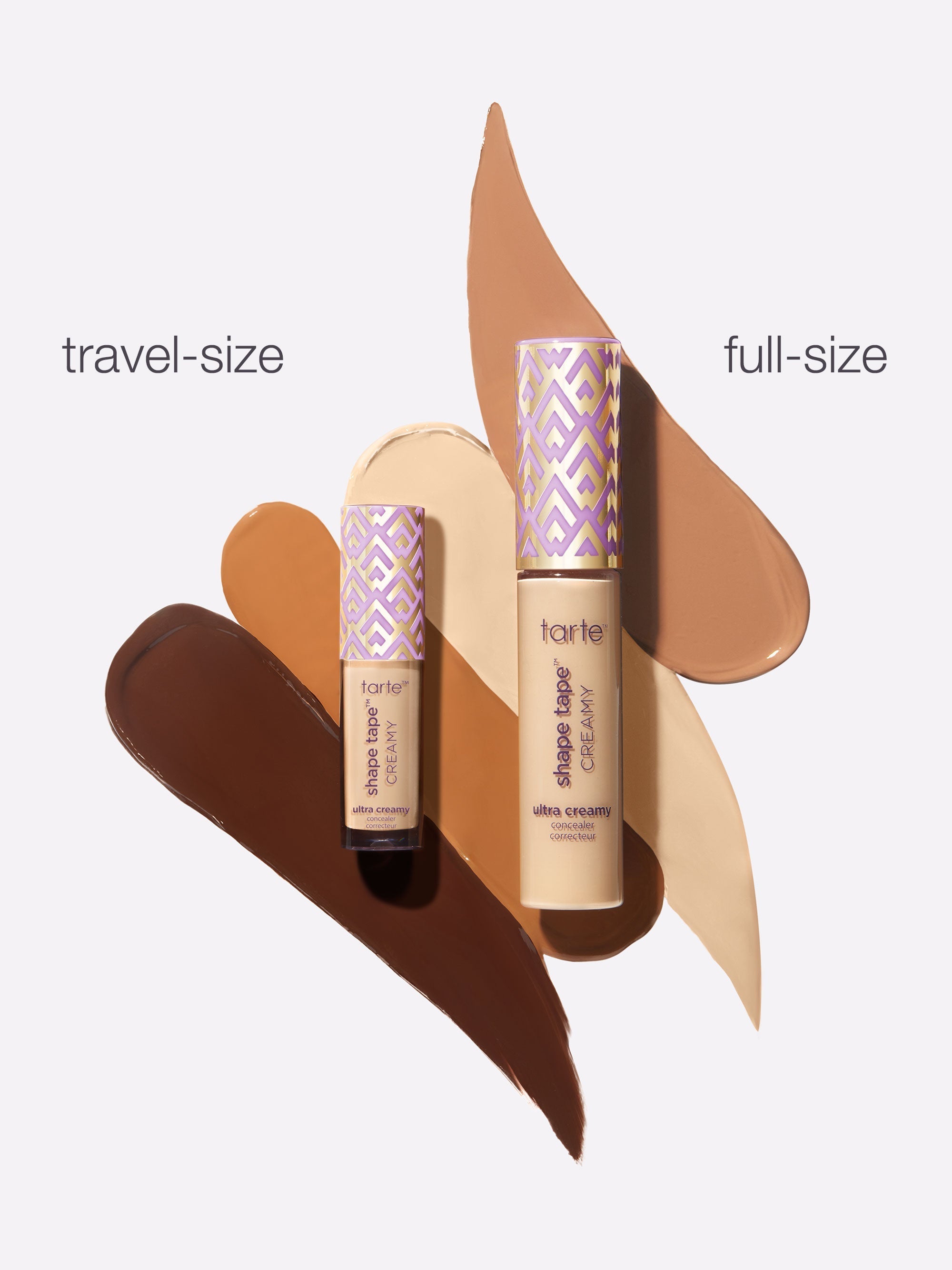 Two tarte lip products, one travel-size and one full-size, on a white background with brown and beige color swatches.