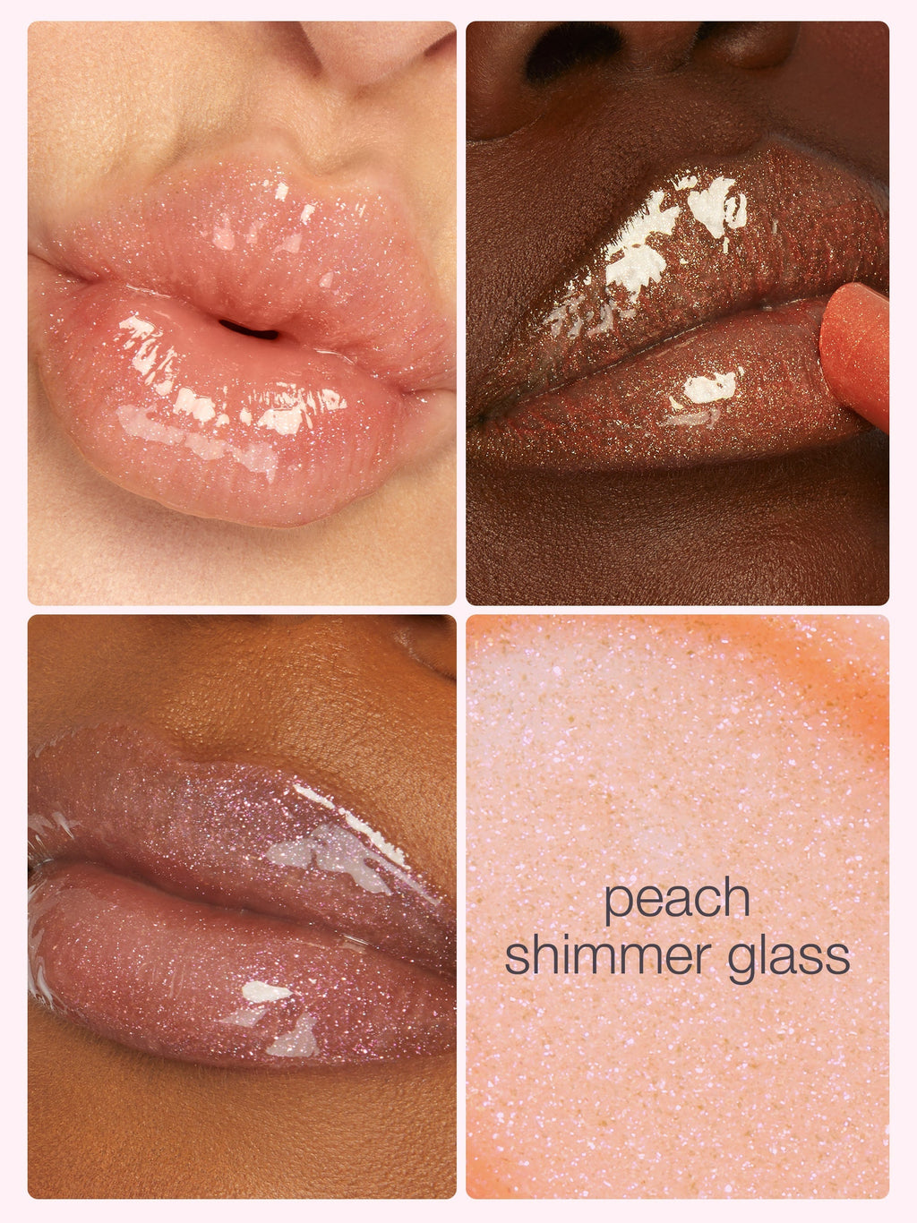 Collage of lip swatches with 'peach shimmer glass' text