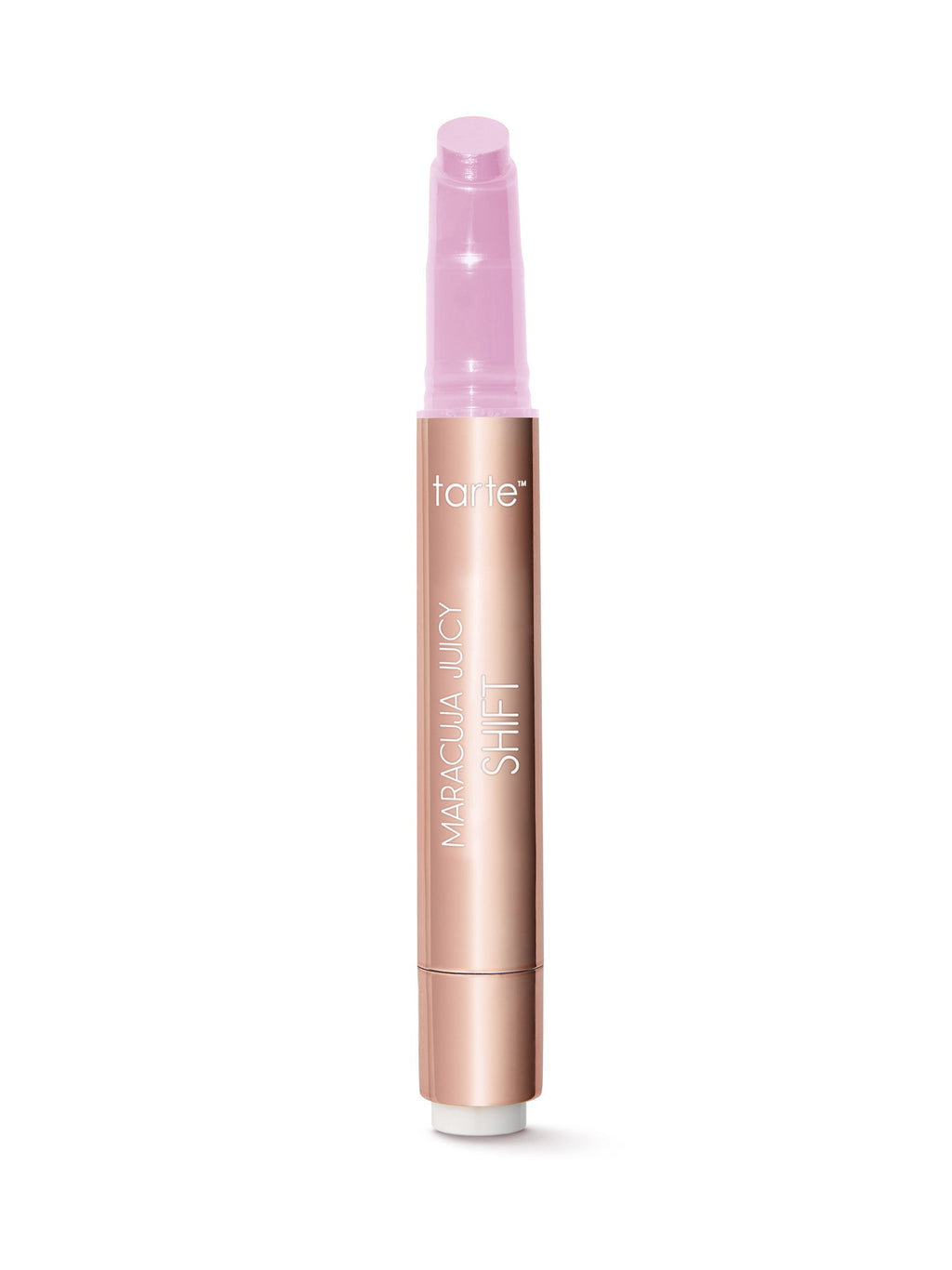 Tarte makeup product with pink cap and rose gold body on white background