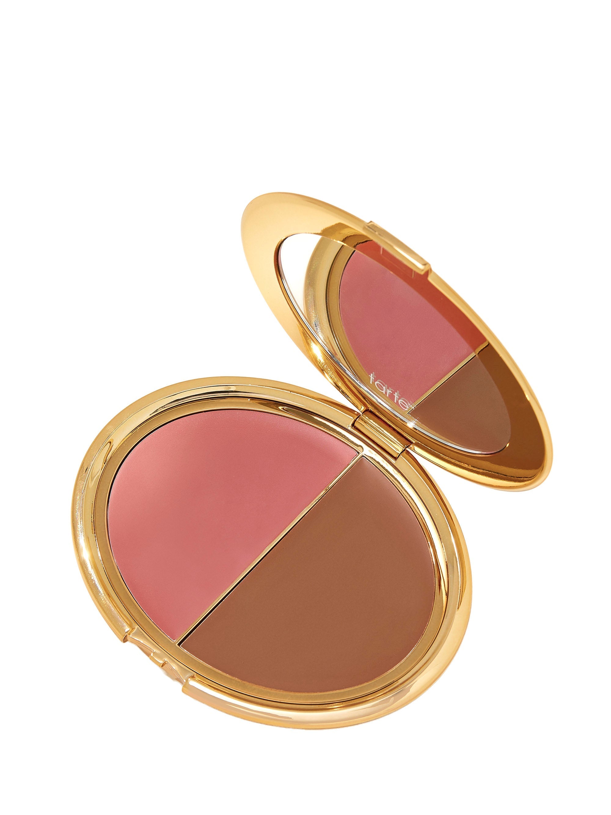 Makeup compact with two shades of blush on a white background