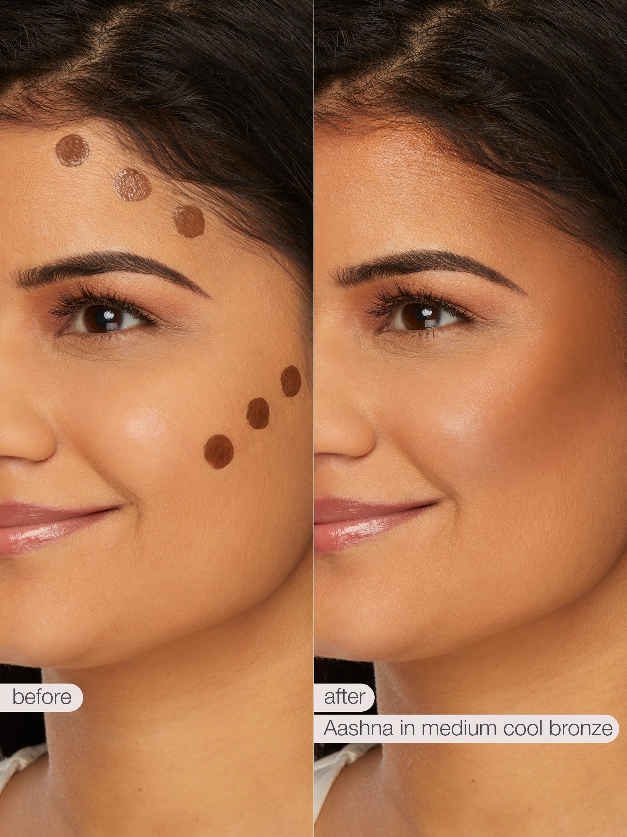 Before and after comparison of a woman's face with makeup application, labeled 'Aashna in medium cool bronze'.