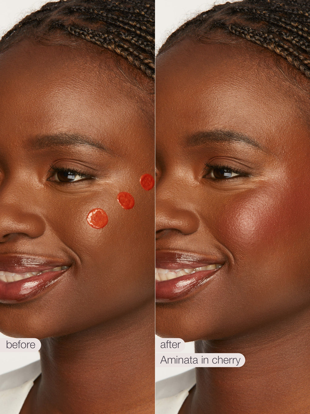 Before and after comparison of a woman's face with cosmetic product application on skin.