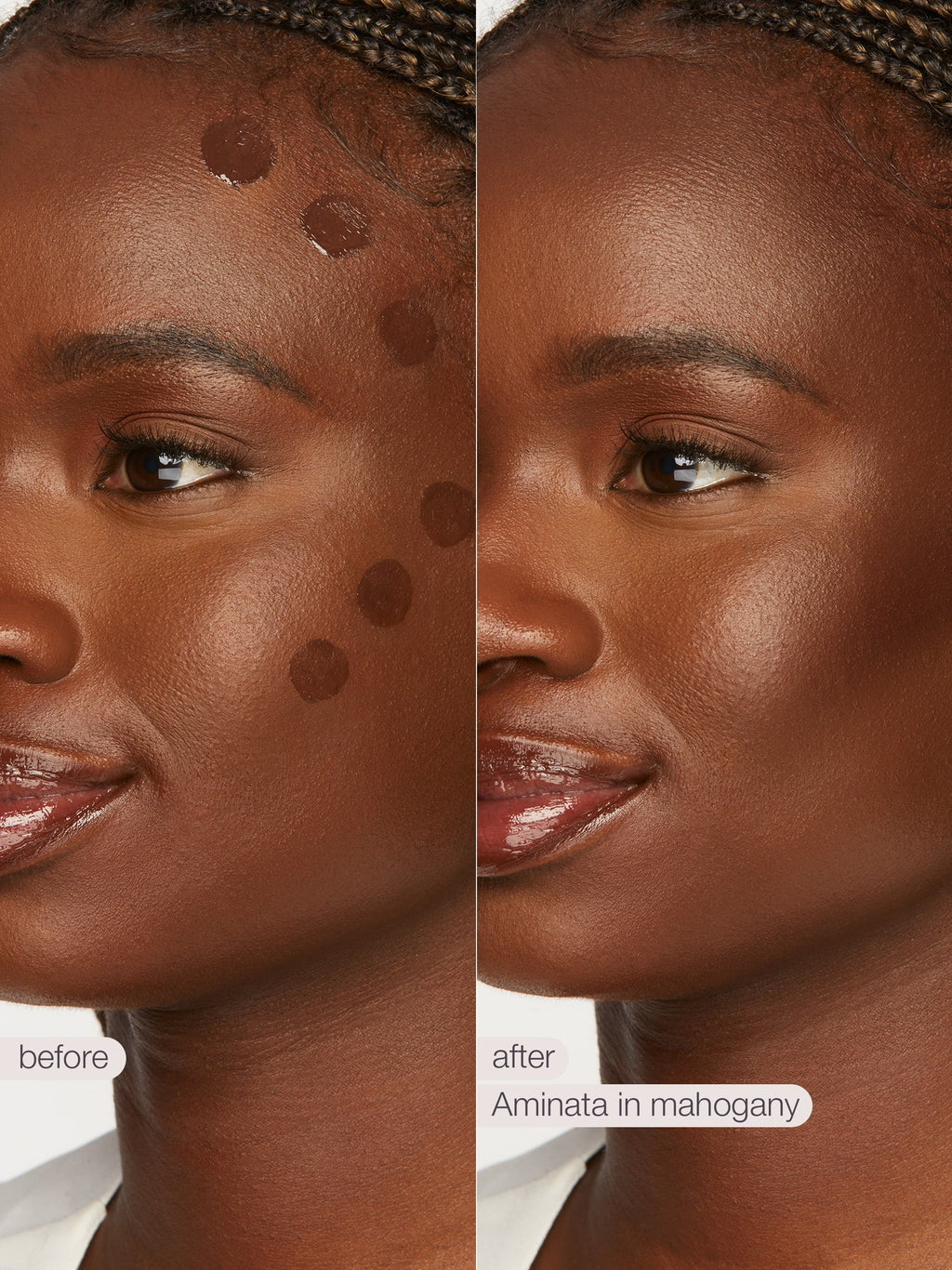 Before and after comparison of a woman's face with a product application labeled 'Aminata in mahogany'.