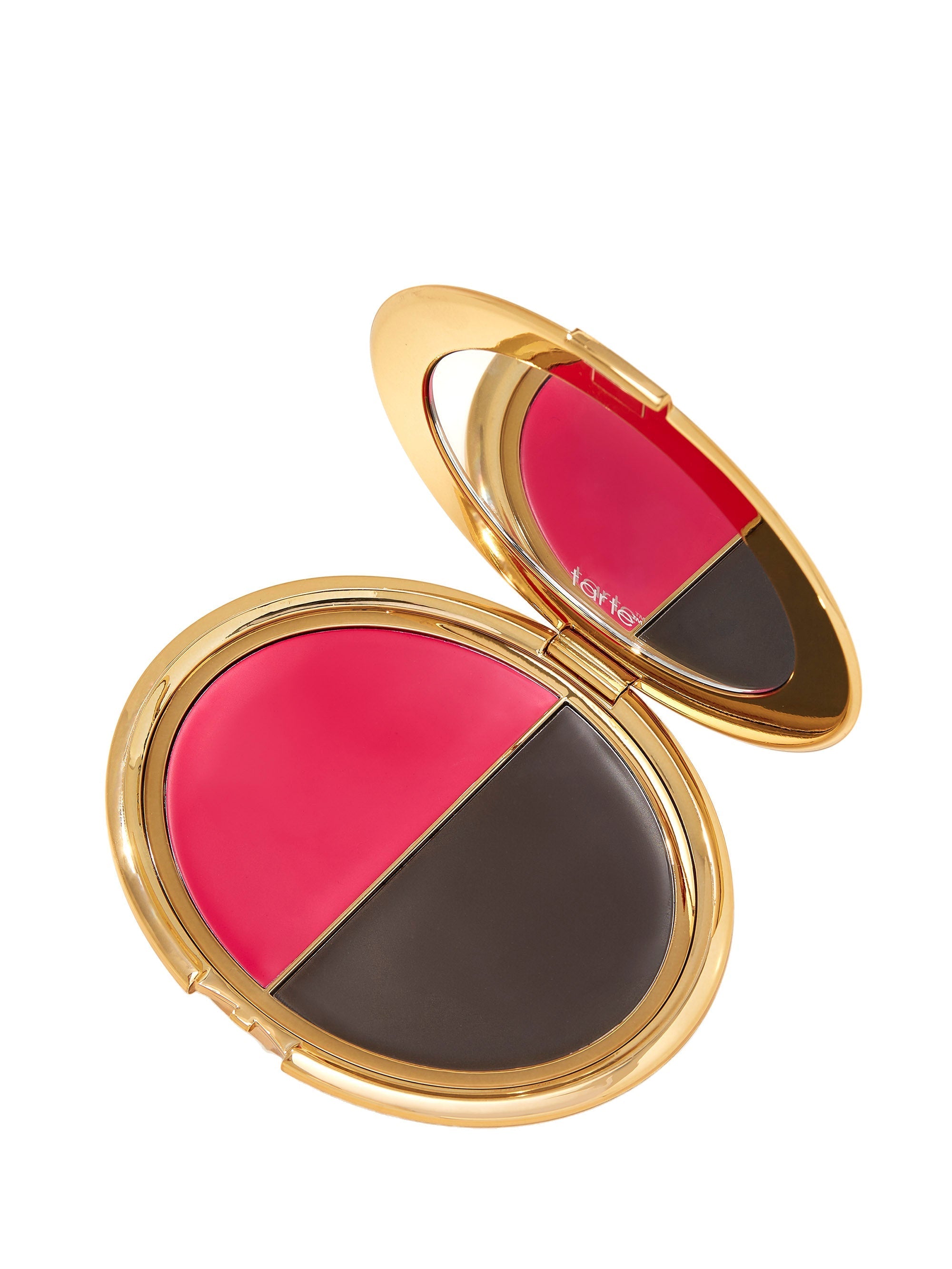 Makeup compact with pink and brown shades on a white background