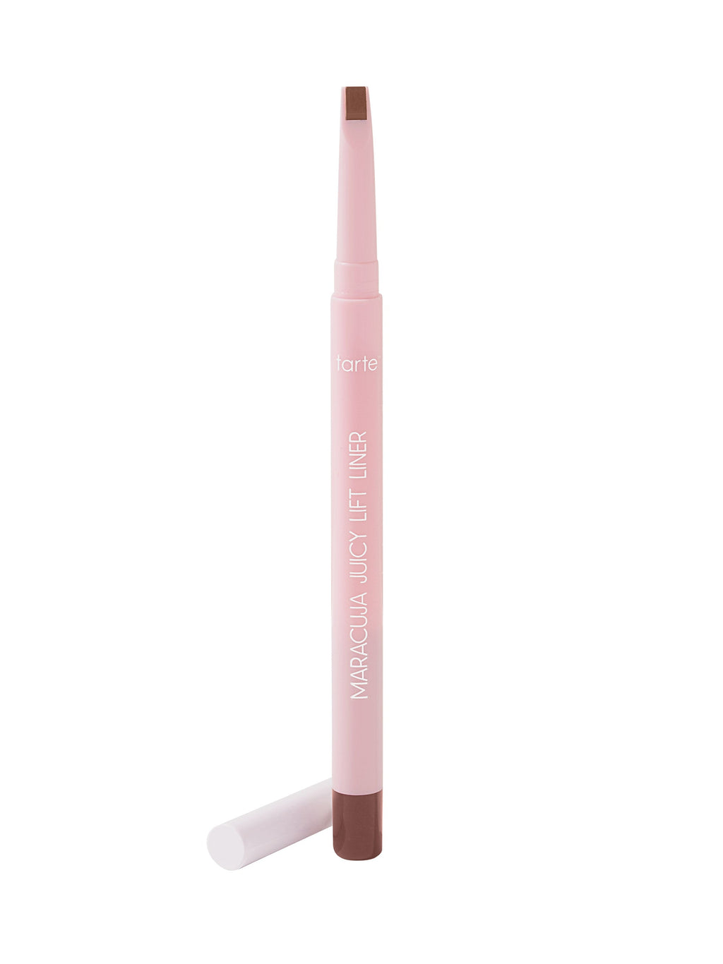 Pink lip liner with brown tip on a white background