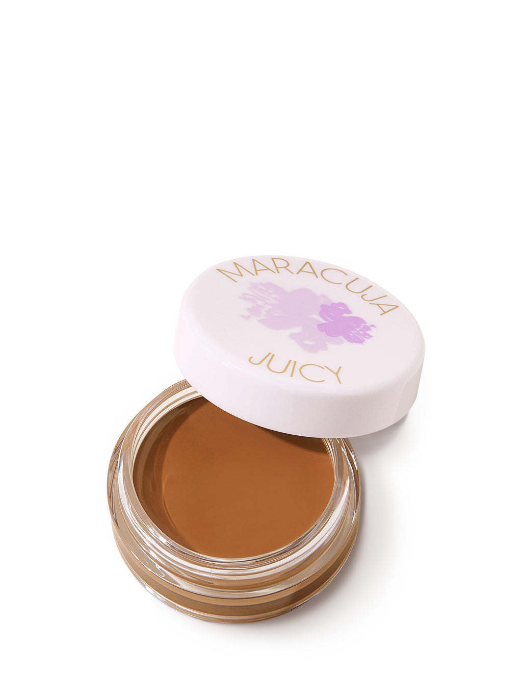 Open jar of brown cream with 'Maracluca' lid on a white background