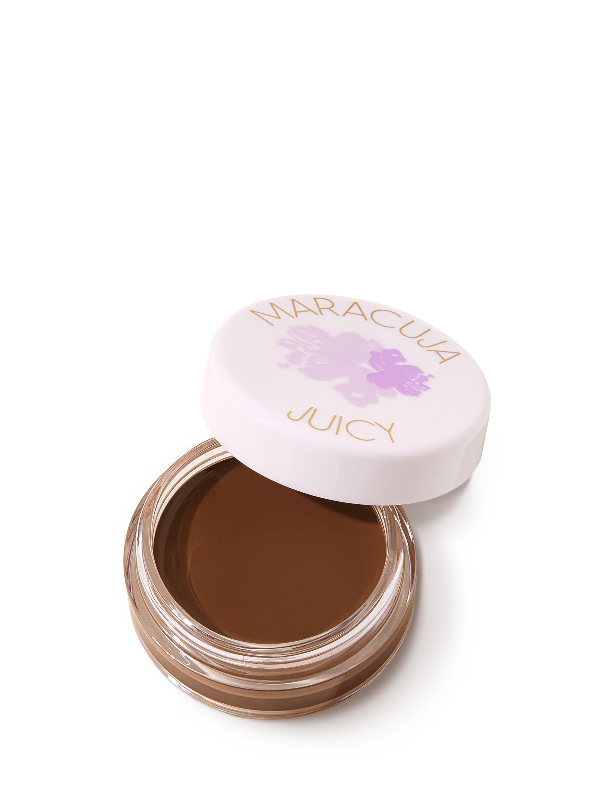 Open jar of brown cream with 'Maracluca' branding on a white background