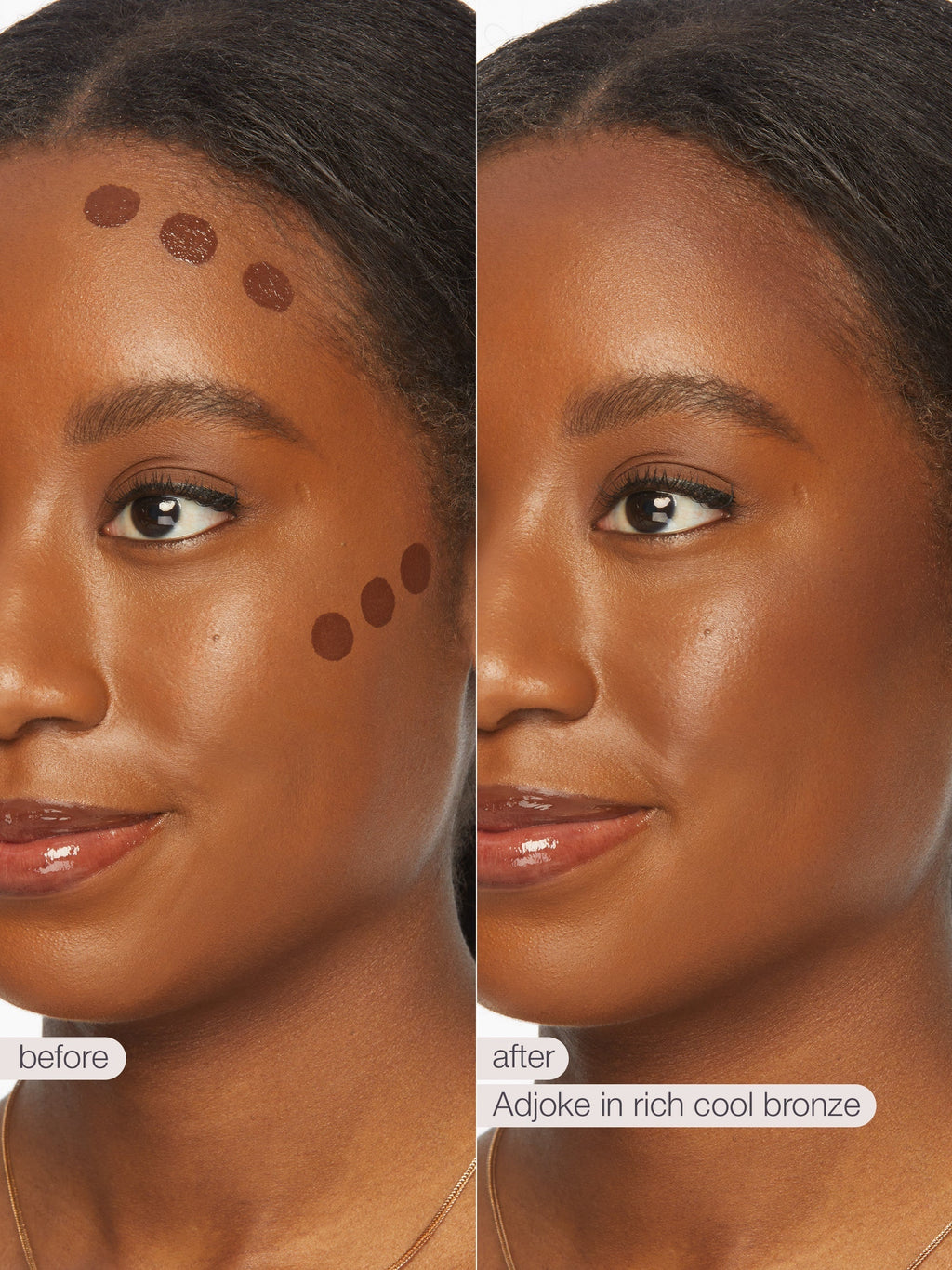 Before and after comparison of a woman's face with makeup application on her cheeks.