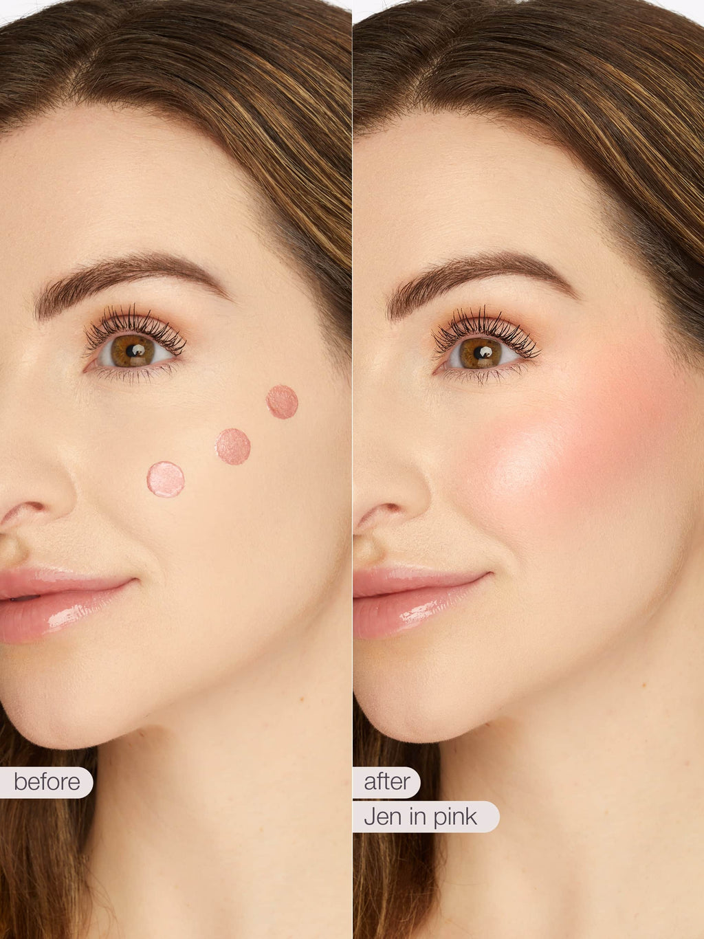 Before and after comparison of a woman's face with makeup application on a beige background.