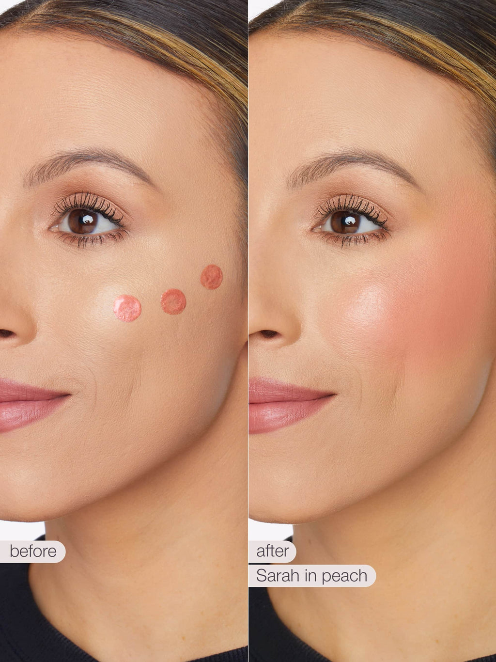 Before and after comparison of a woman's face with makeup application on a neutral background.