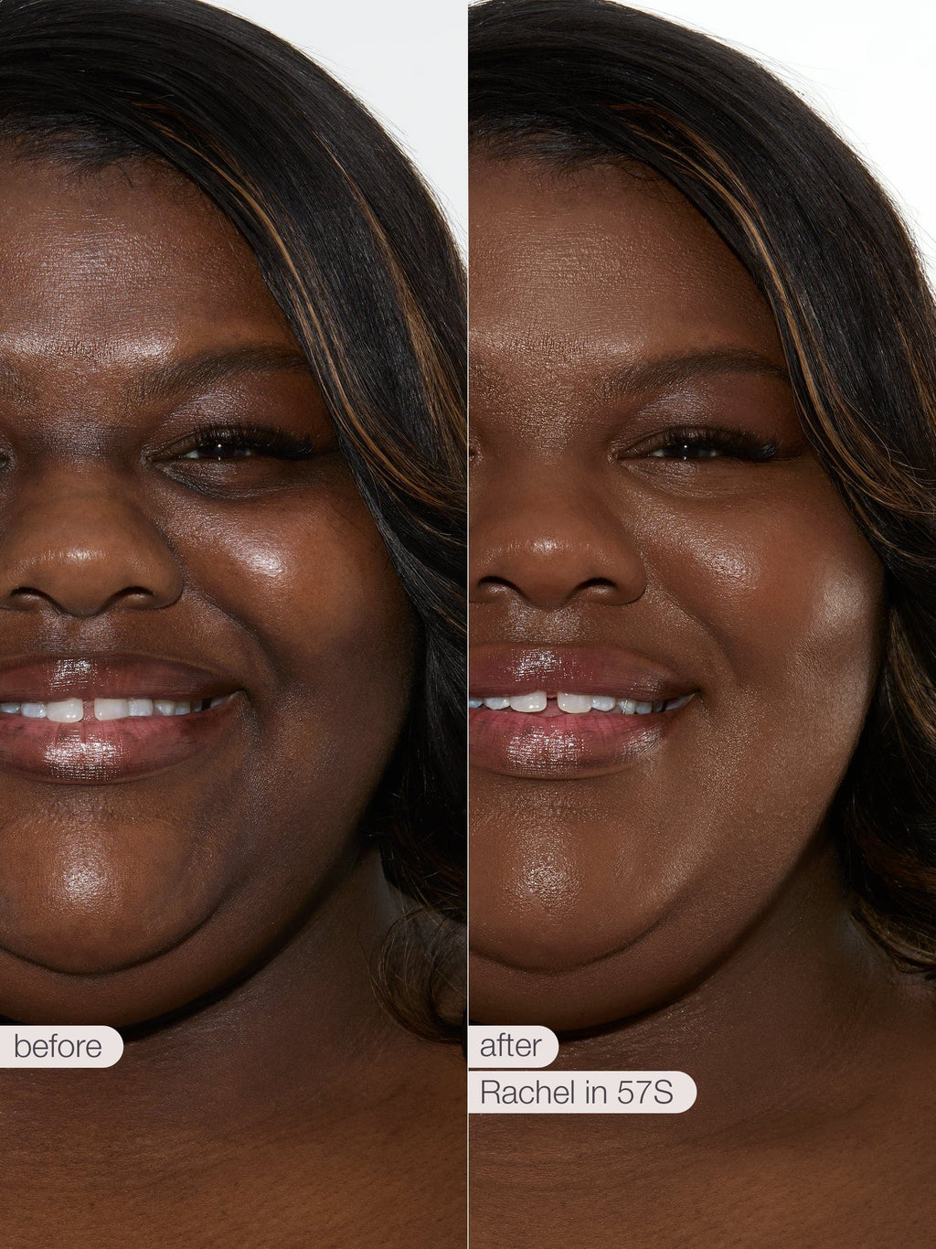 A woman's face is shown in a before-and-after comparison of makeup application. Her skin appears smoother and more radiant on the right side. Text reads Before and After.