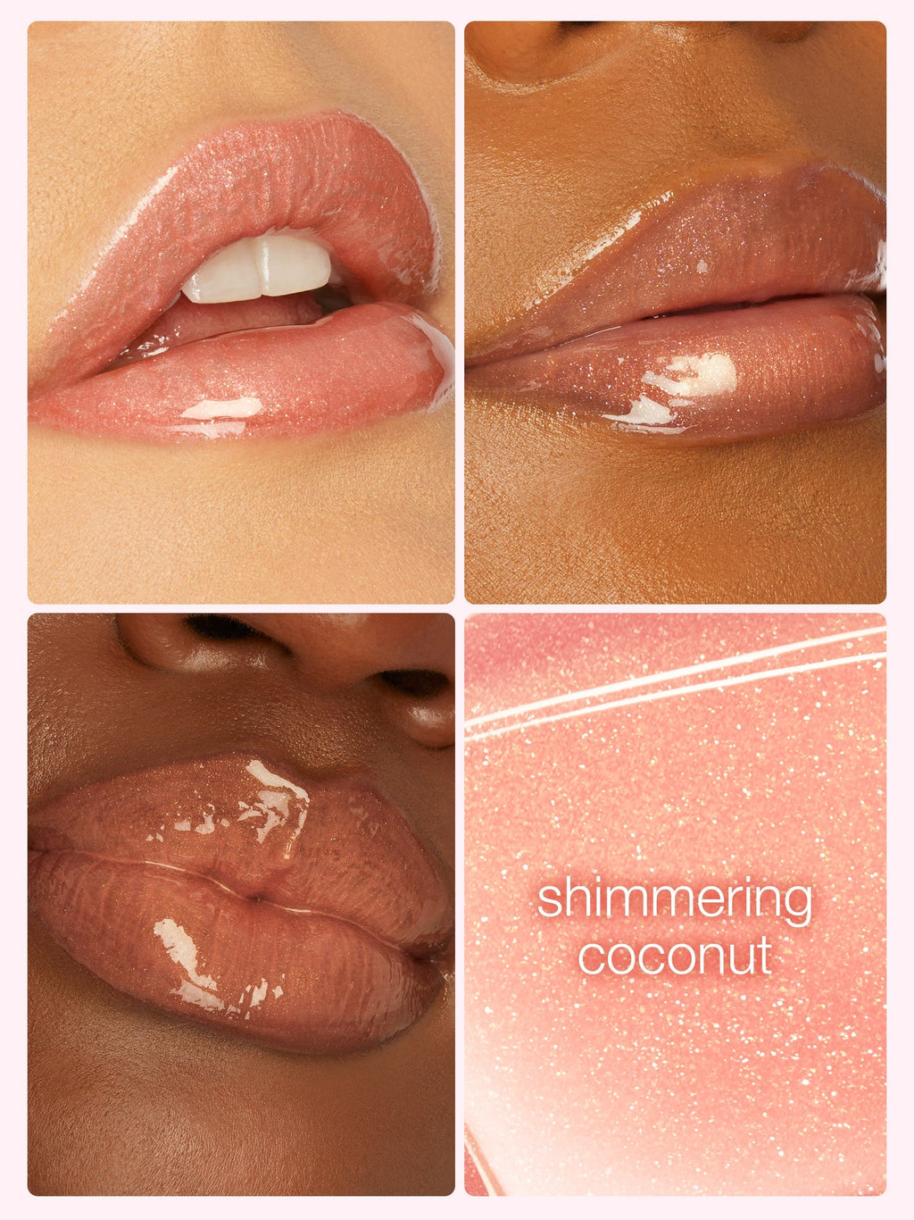 Collage of lips with a lip gloss labeled 'shimmering coconut' on a beige background.