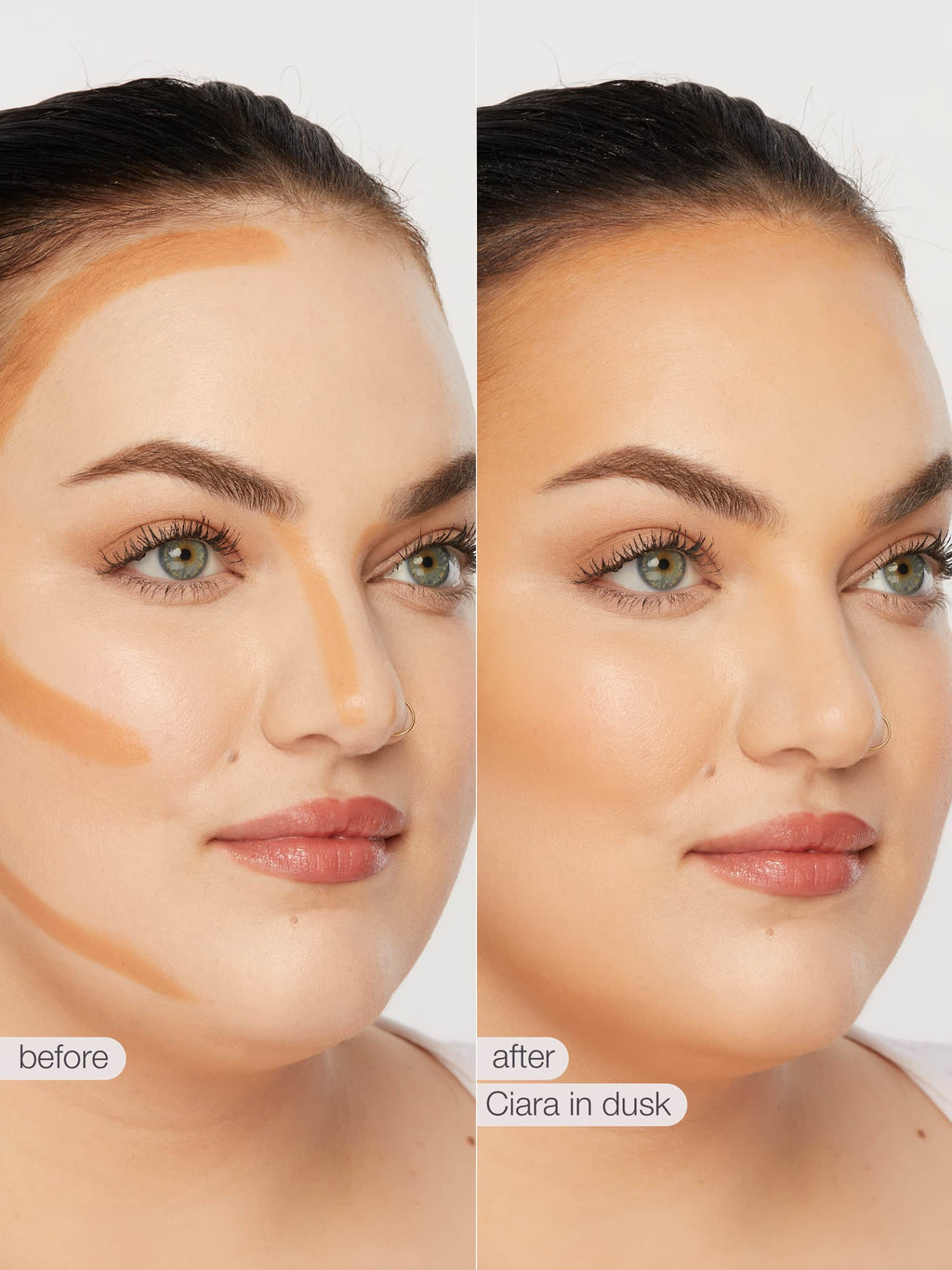 Before and after comparison of maneater cream bronze stick application on a person's face.