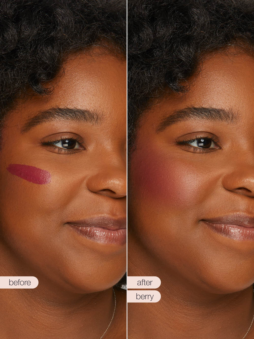 Before and after comparison of a woman's face with maneater™ cream bronze application on cheek. 