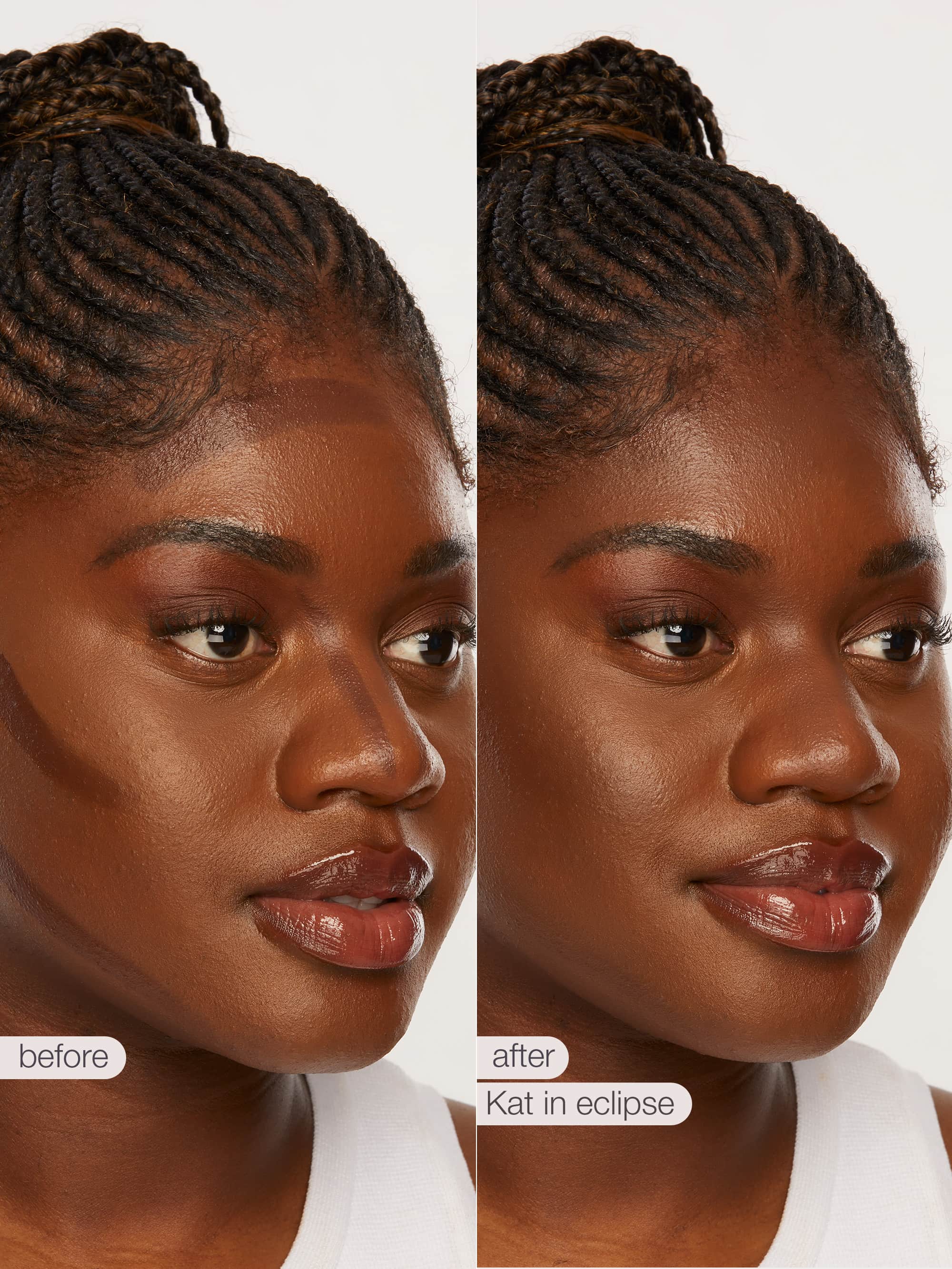 Before and after comparison of a woman's face with 'Kat in Eclipse' maneater™ cream bronze. 