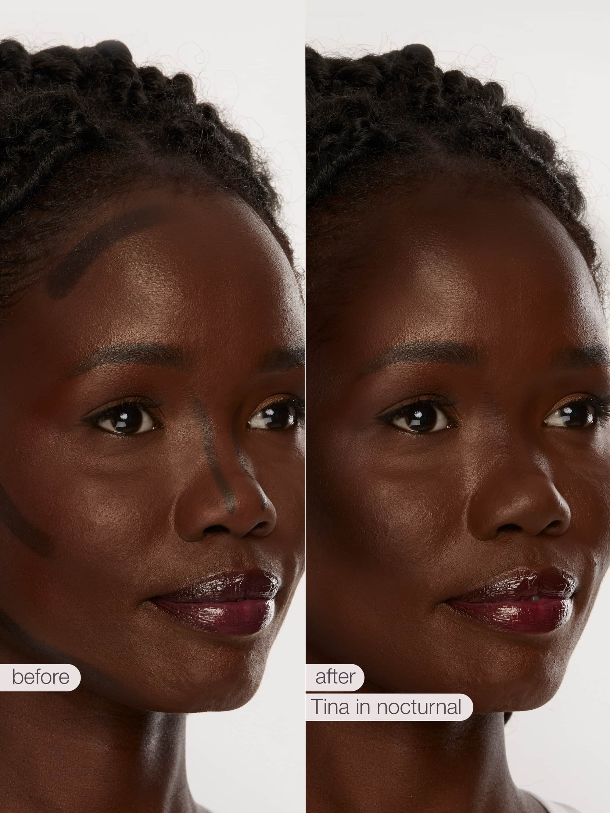 Before and after comparison of a woman's face with 'Tina in nocturnal' maneater™ cream bronze