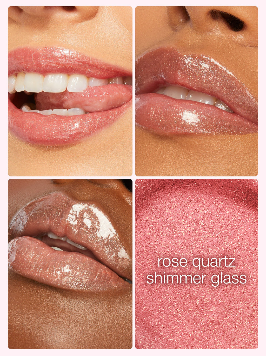 Lipstick shade with close-up views on different skin tones and a color swatch labeled 'rose quartz shimmer glass'.