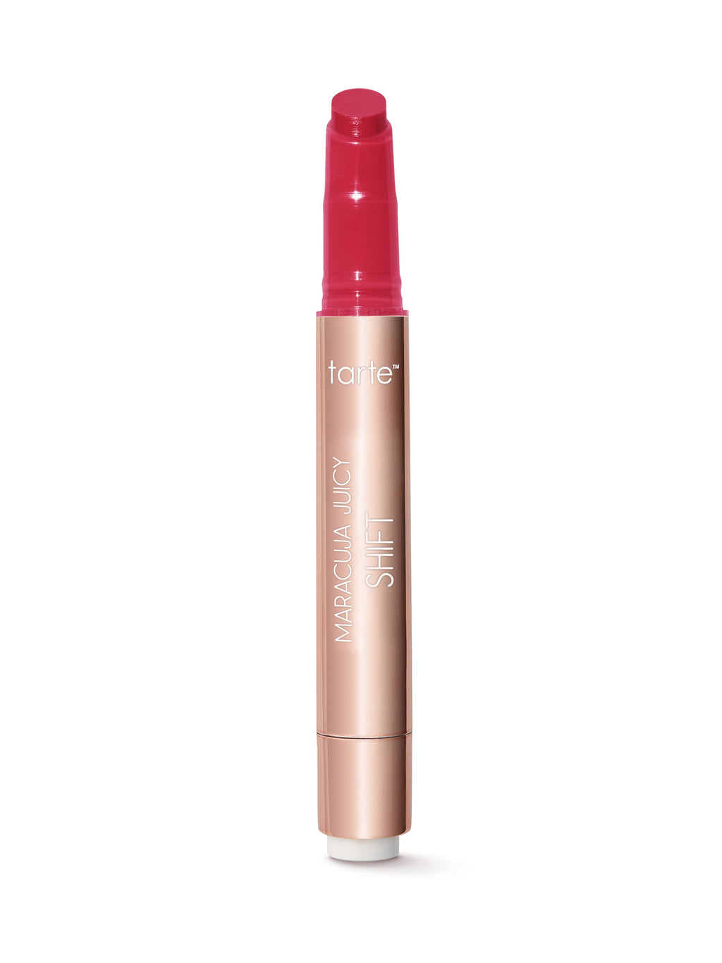 Lip tint with pink cap and rose gold body on a white background